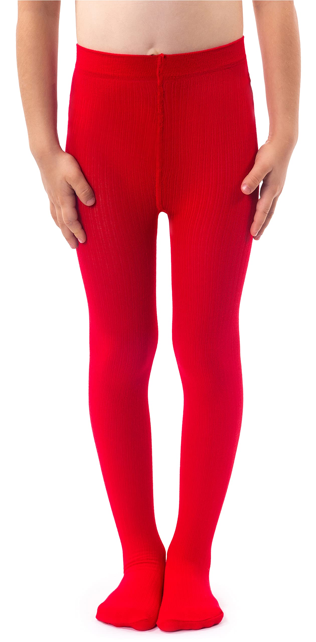 NOQ Girls Plain Knit Tights Footed Warm Opaque School Kid Stockings Ballet Dance Show Nursery, Rosso 8/9 years