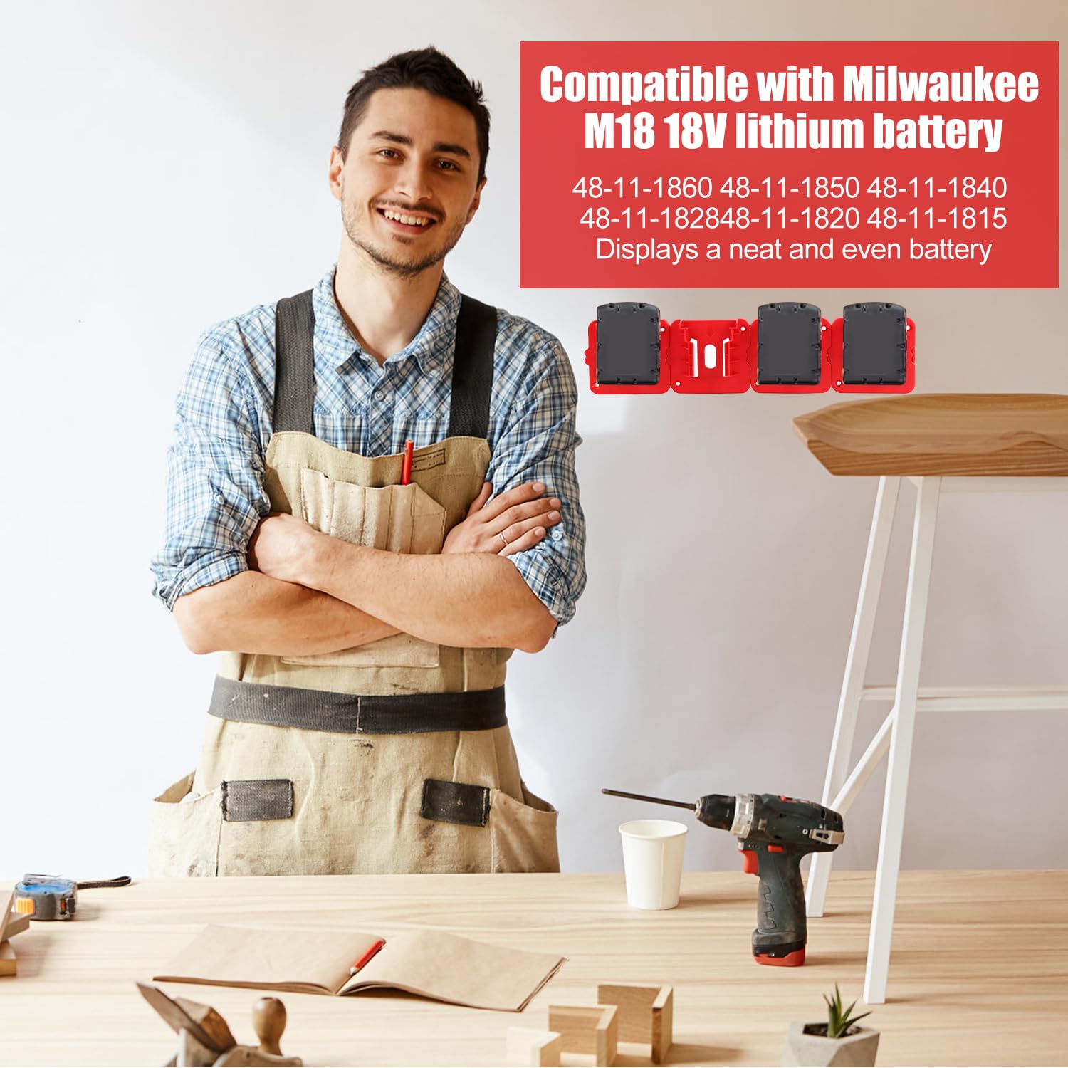Lot De 4 Supports Muraux Pour Batterie Milwaukee M18 - Plastique ABS Rouge - Avec 8 Vis - Pour Atelier, Fourgon