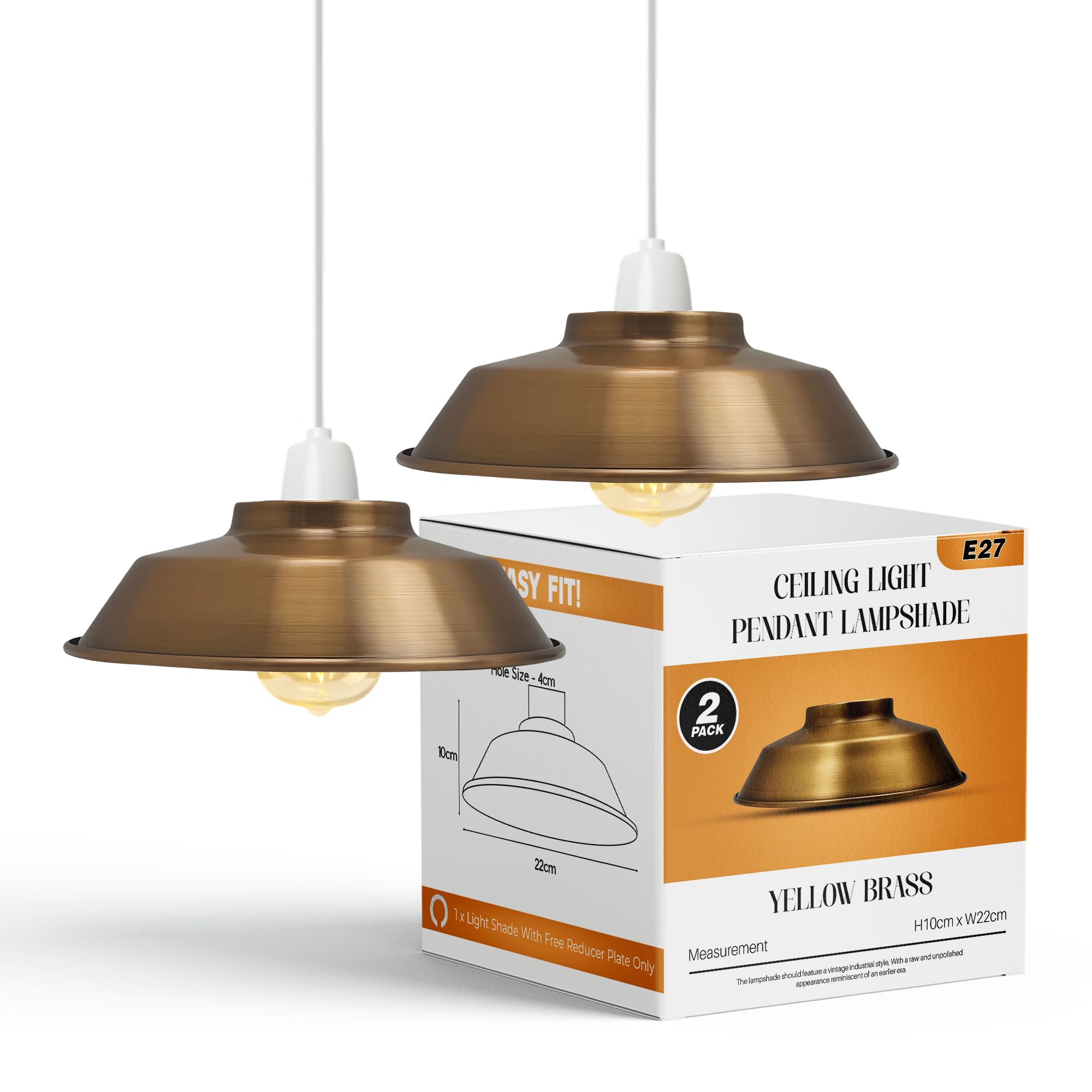 Metal Ceiling Lamp Shade 22cm Easy Fit Light Pendant Yellow Brass Modern Hanging Lighting Shade for Bedroom, Hallway, Office, Café, Restaurant 2Pcs Industrial Light Shade Kitchen Pendant