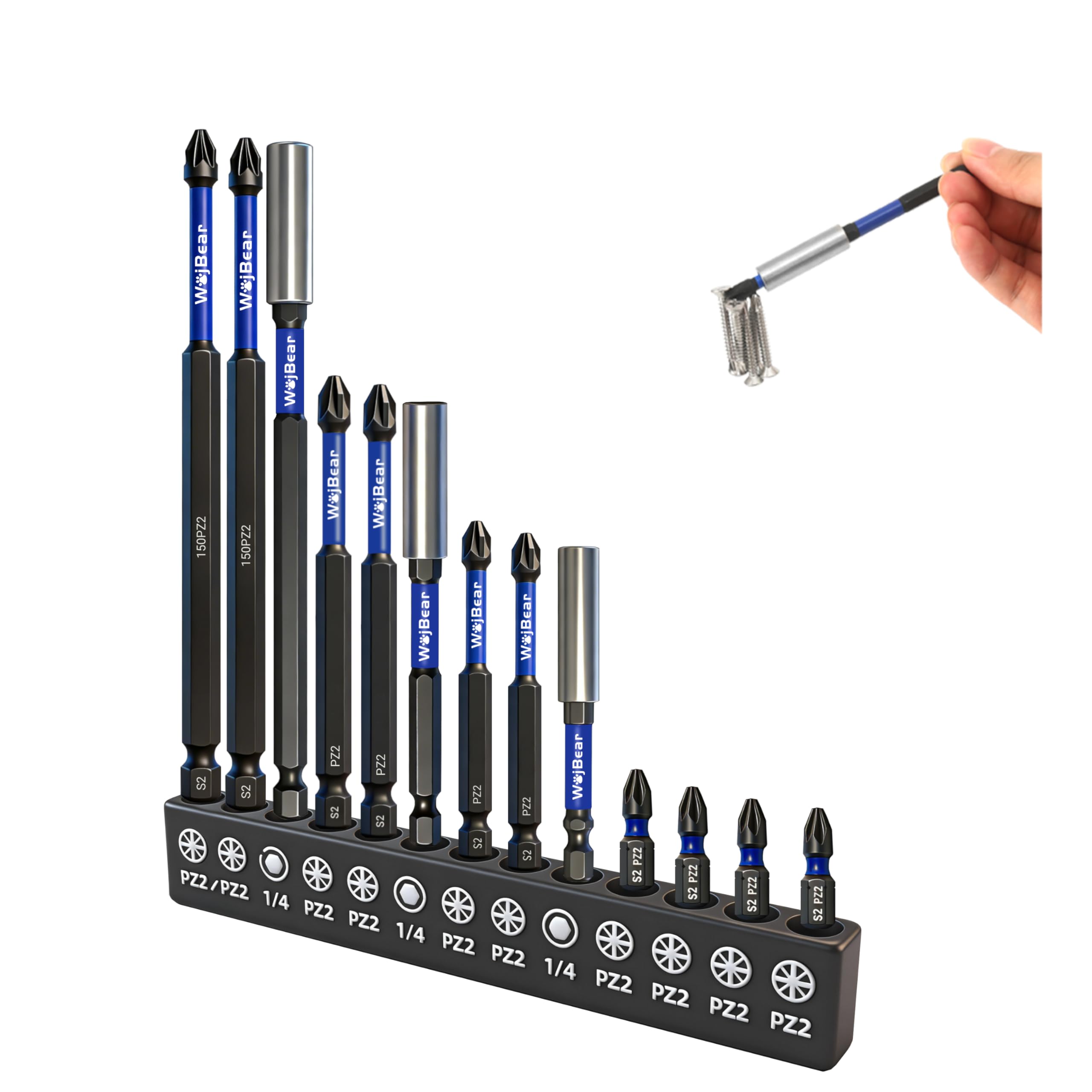 WojBear 13 PCS PZ2 Magnetic Impact Driver BitsοΌPZ2 Screwdriver Bit Set with Magnetic Drill Bit Holder (150mm*3 / 100mm*3 / 75mm*3 / 25mm*4)