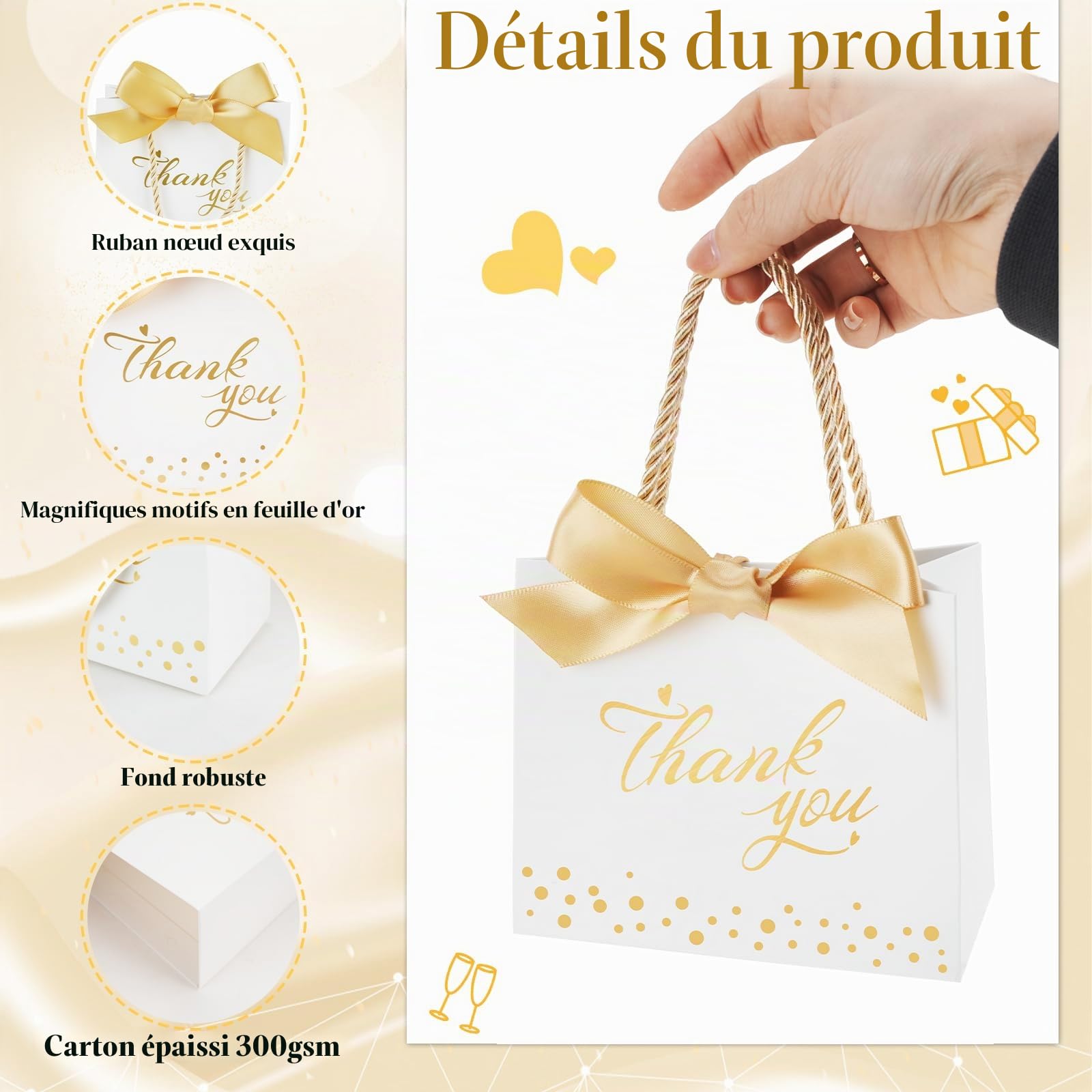 100 Pièce Thank You Sac Cadeau Sachet en Papier avec Poignées et Ruban Doré | Blanc Thank You Pochette Cadeau, Créative Petit Thank You Sacs Cadeaux pour Anniversaire Mariage Baptême Baby Showers Fête