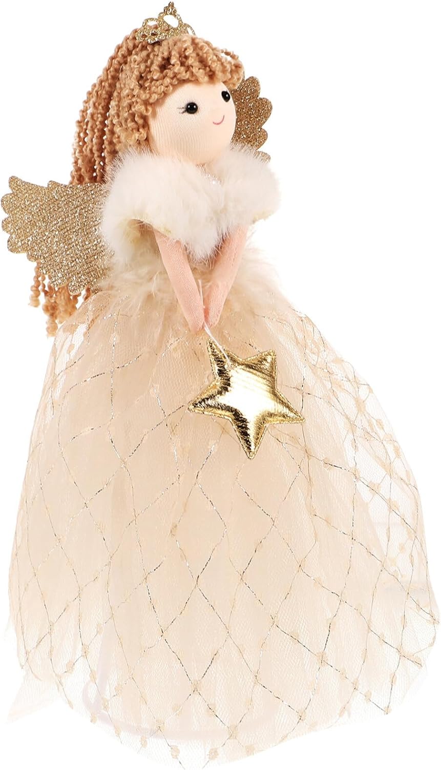 Christmas Tree Topper Angel Treetop Golden Star Tree Topper Angel Figure Ornament Angel Girl with Dress Wing Standing Tree Top Decoration for Holiday Party