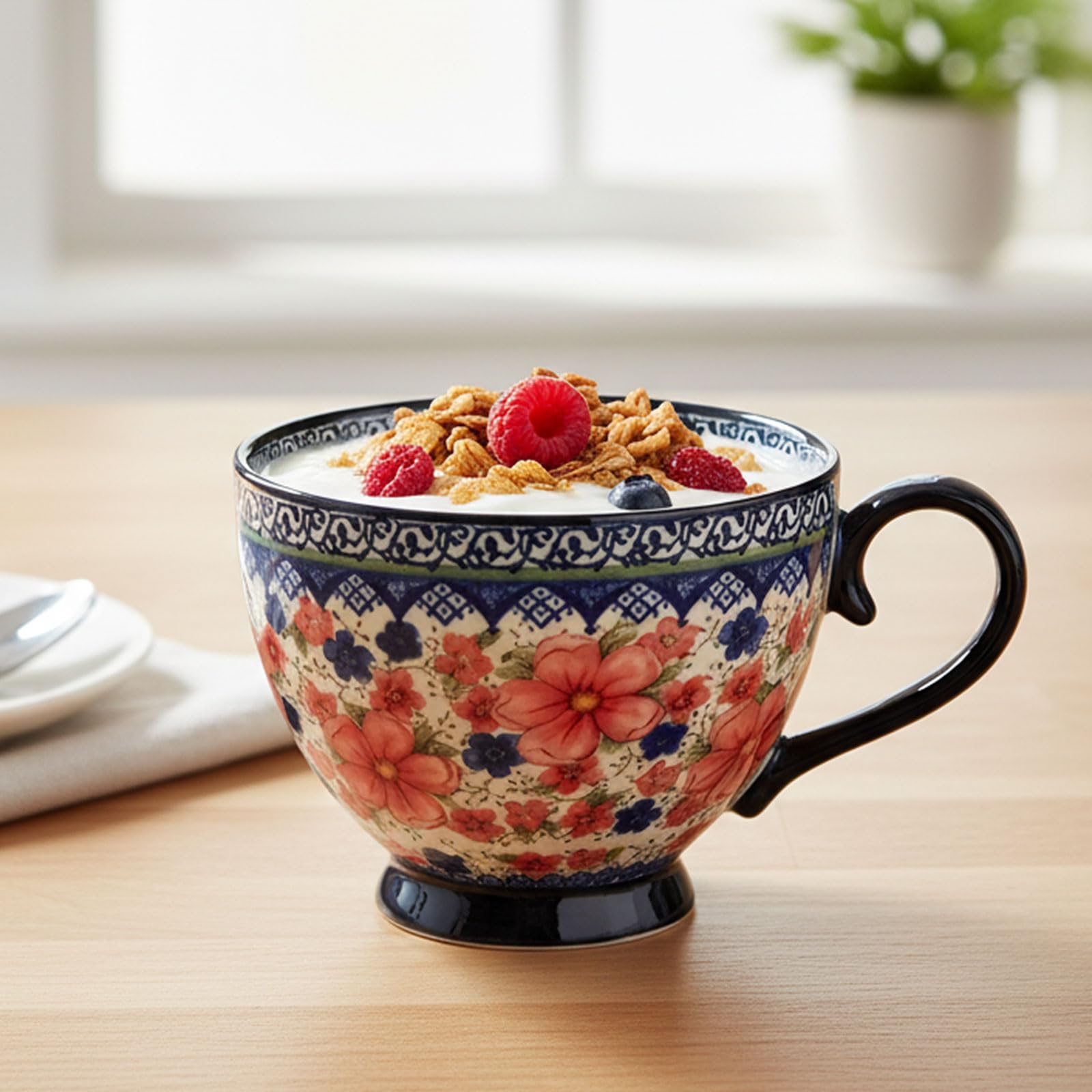 Set di 4 tazze da colazione in ceramica, 510 ml, con motivo floreale dipinta a mano, con manico, set di tazze in porcellana, tazze da cappuccino in ceramica, adatte al microonde