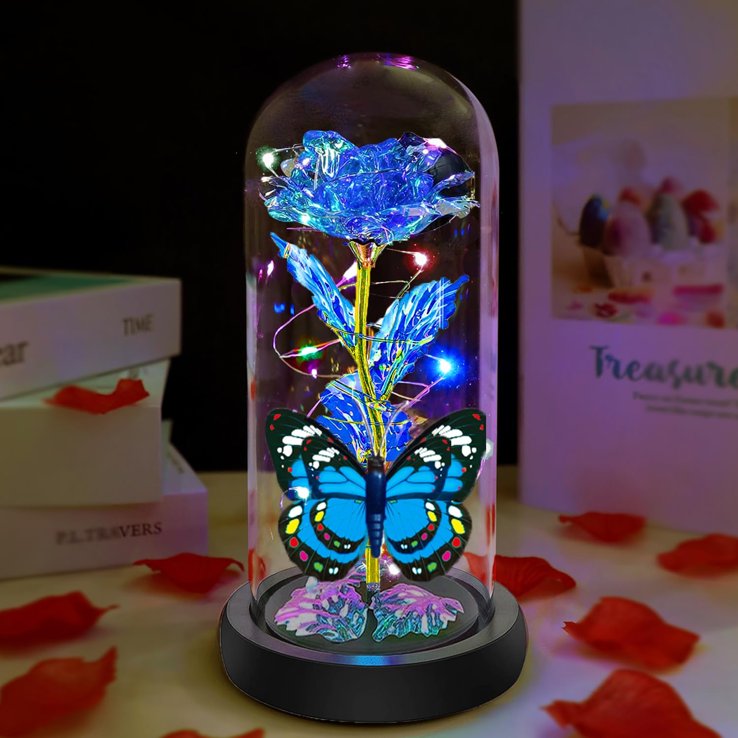 Fvawe Birthday Gifts for Women, Rose Glass Flowers Gifts, Galaxy Crystal Light Up Rose Flower in A Glass Dome with Butterfly,Mom Sister Wife Daughter Grandma Girlfriend Her Mothers Day Blue Presents