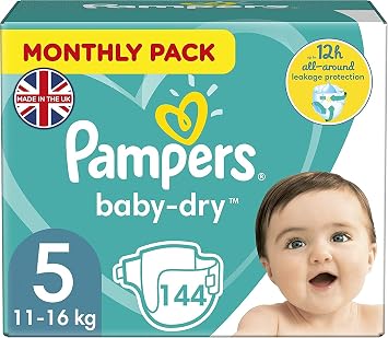 Pampers Baby Nappies Size 5 11-16 kg/24-35 Lb, Baby-Dry, 144 Nappies, Monthly Savings Pack, Up to 12h of All-Around Leakage Protection