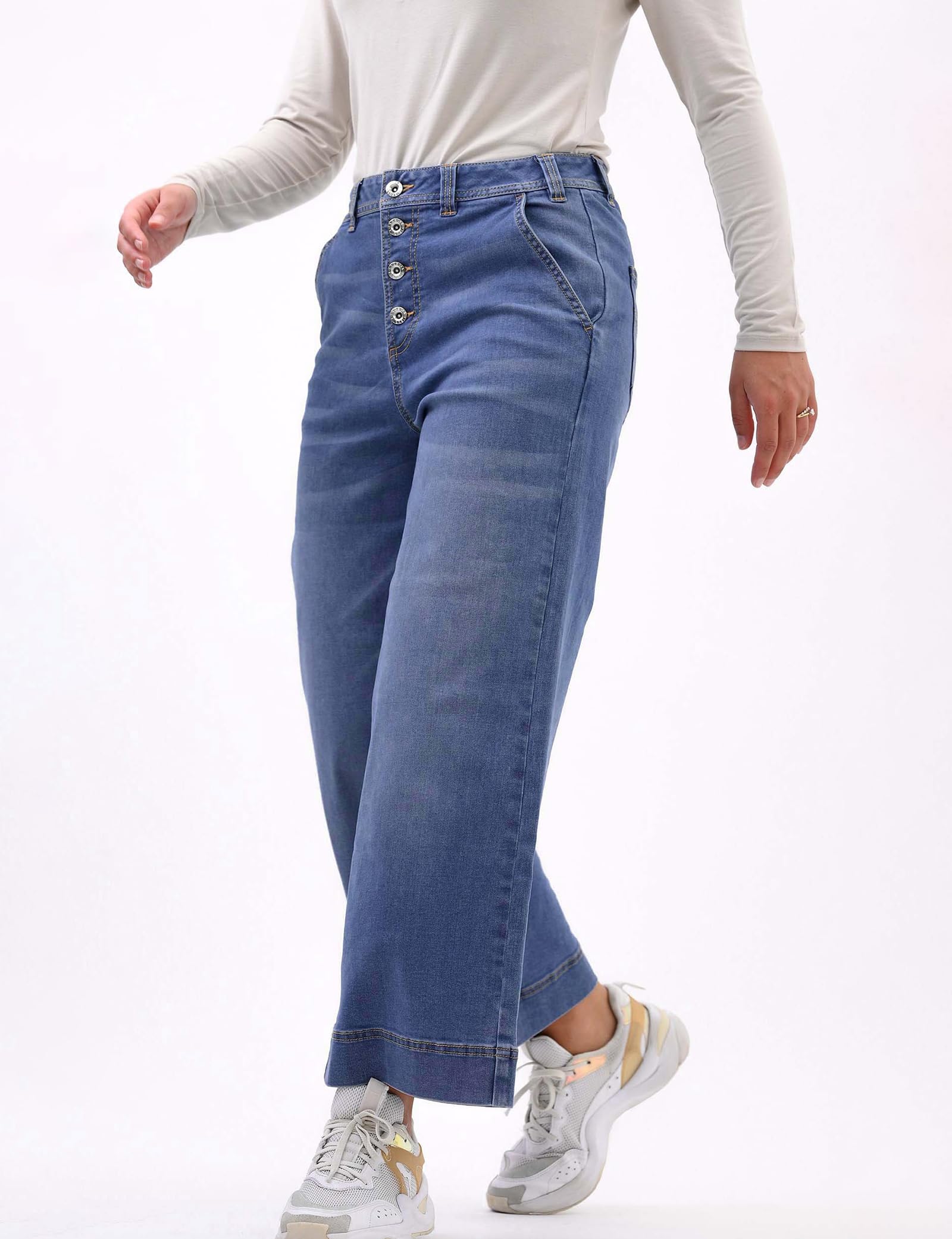 Jupe-culotte en jean taille haute pour femme avec quatre poches, fermeture à bouton sur le devant, tissu extensible et jupe-culotte à jambe large