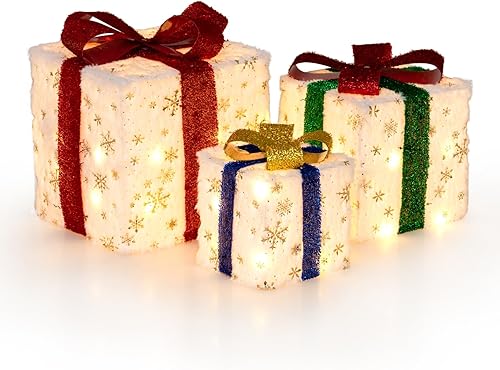 Miniatura 9 de Tangkula Juego de 3 cajas de regalo iluminadas de Navidad, decoración navideña preiluminada con 48 luces brillantes y cálidas, cajas de decoración