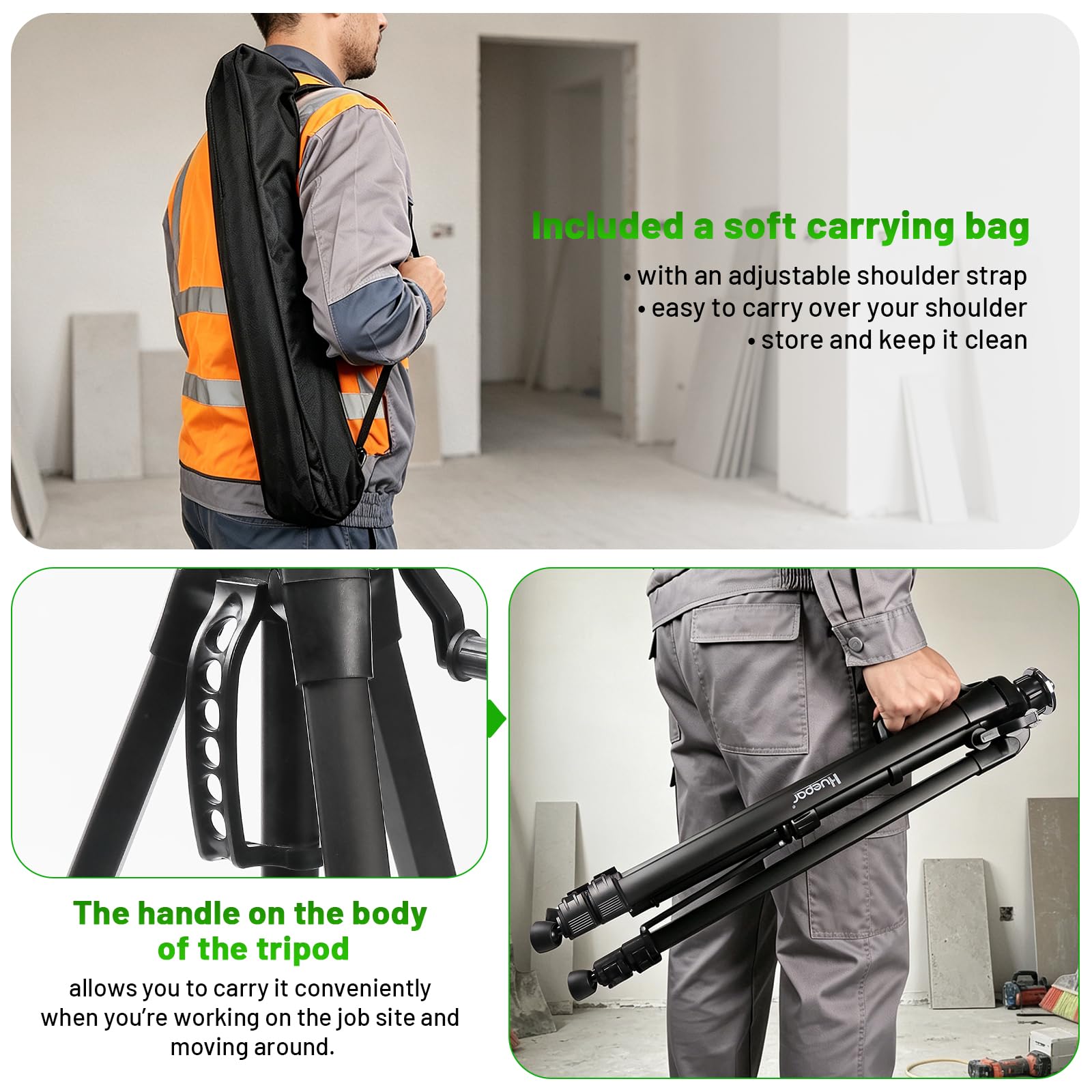 Huepar Treppiede in Alluminio per Livelli Laser a Punto–Testa Piatta, Impugnatura con Livella a Bolla, Filetto 5/8"-11 + Adattatore 1/4"-20, Supporto per phone Incluso, Borsa da Trasporto – TPD16A1