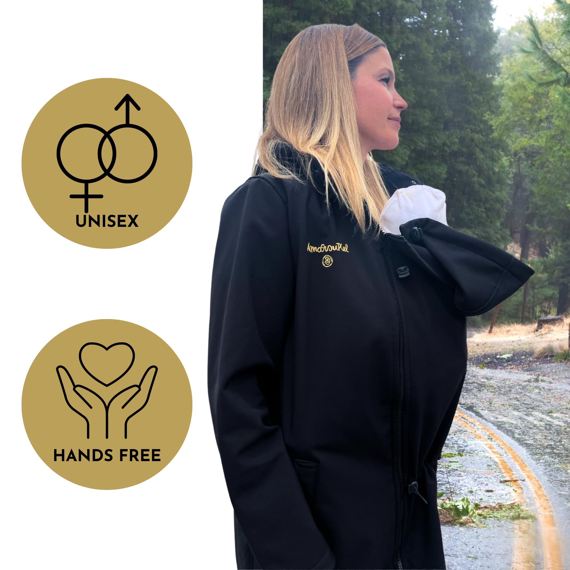 Abrigo Porteo Softshell Amarsupiel Unisex 3 en 1: Impermeable, Cortavientos y Certificado Oekotex | Abrigo premama | Porteo Delantero y Trasero (Talla M - Negro)