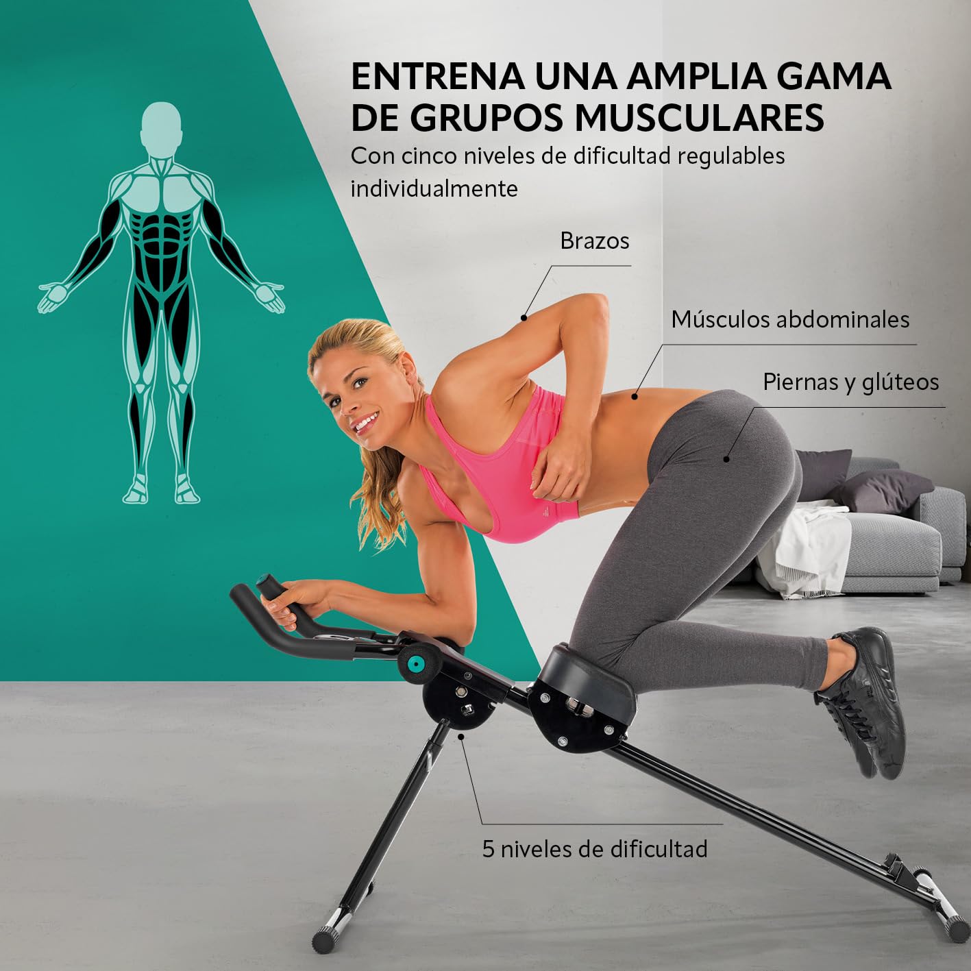 VITALmaxx 'Fitmaxx 5' entrenador de abdominales plegable | Entrenador de espalda, abdominales, brazos y piernas en uno con ordenador de fitness | Ahorro de espacio