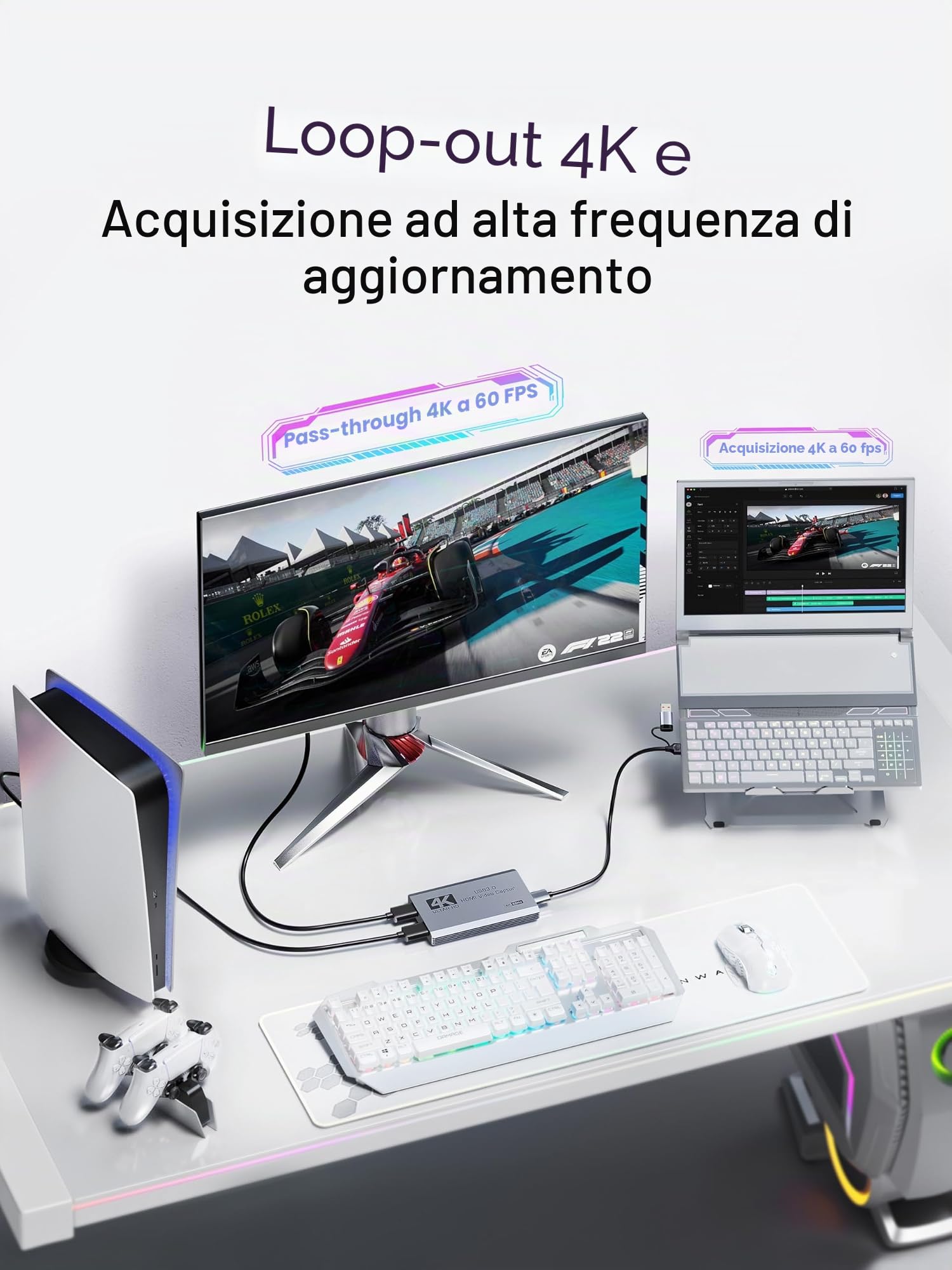 XIIXMASK Scheda di acquisizione video, scheda di acquisizione USB 3.0 4K HDMI Loop-Out, 4K 60 FPS/1080P 240 FPS, acquisizione di videogiochi per PS5/fotocamera/PC/streaming