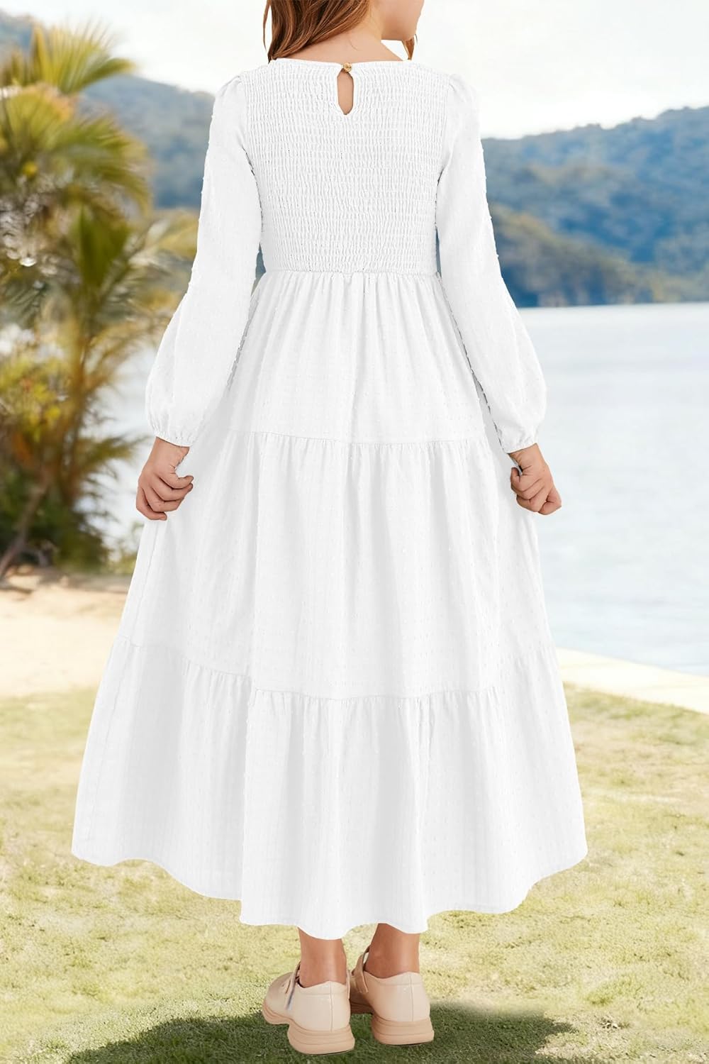 HOSIKA Tween Girls Fall Puff Long Sleeve Smocked Swiss Dot Tiered A-line Flowy Maxi Dress with Pockets 6-12 Years - Image 5