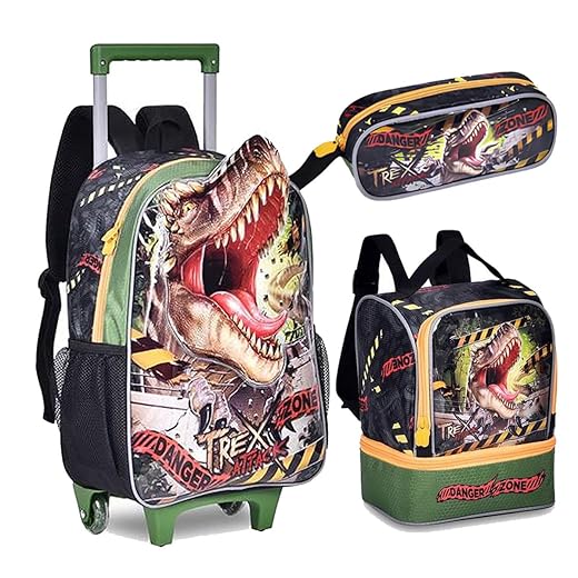 Kit Mochila Dino T Rex Dinossauro Infantil Lancheira Estojo