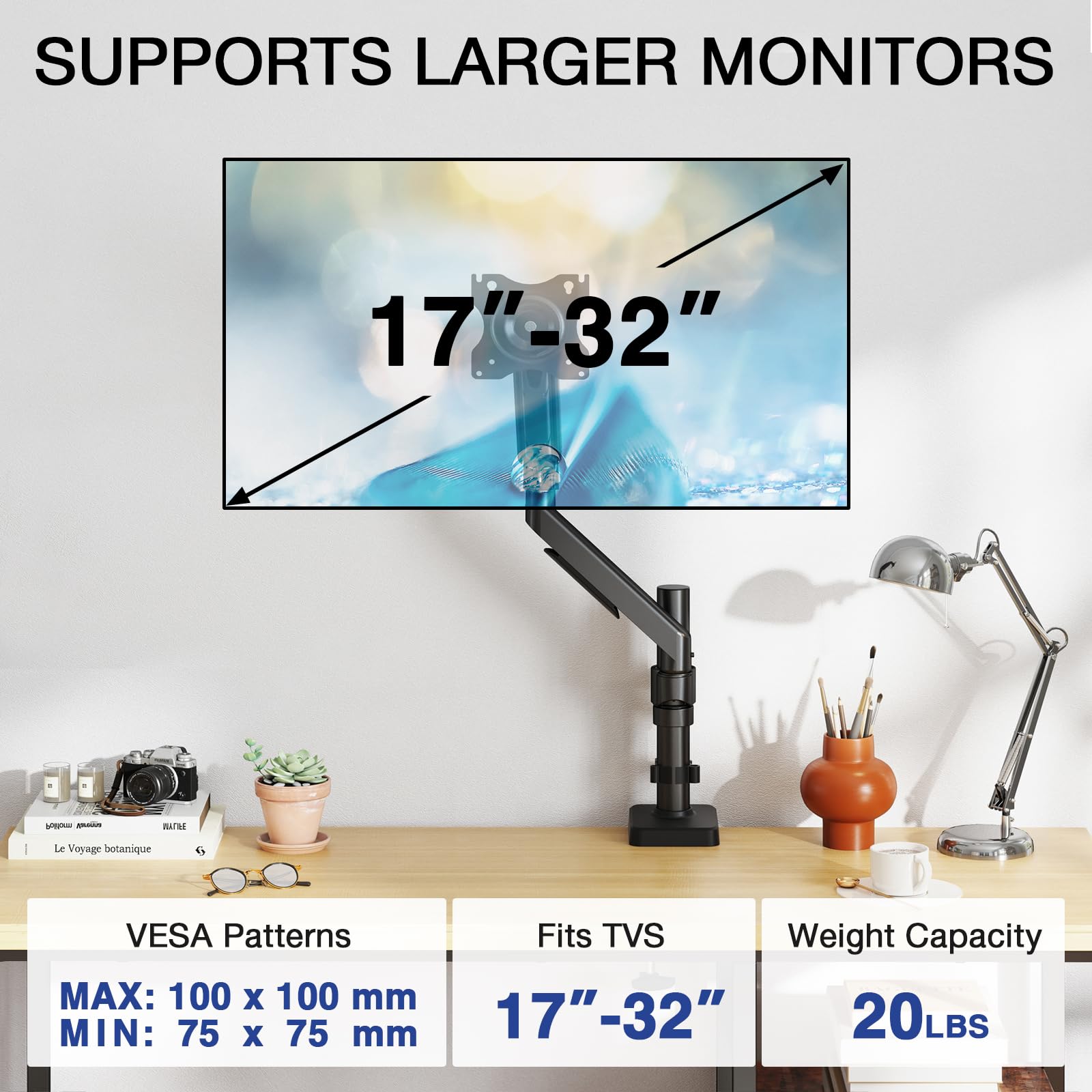 TVON Support Écran PC pour Écrans 17-32 Pouces jusqu'à 9 kg | Bras Écran PC élevé, tout réglable, gain place, montage simple, 2 socles, VESA 75/100mm