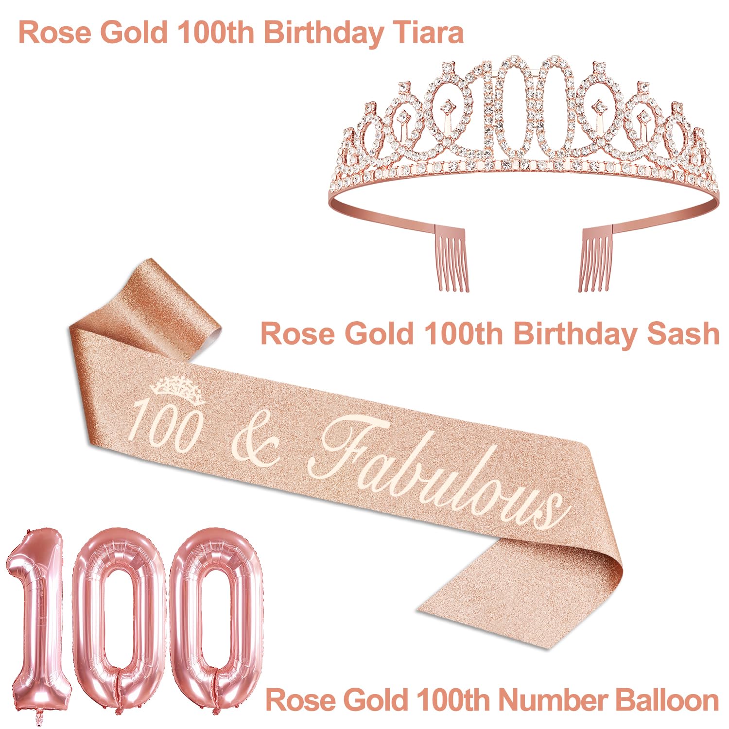 100. Geburtstag Dekoset Rose Gold – Krone & Schärpe Für Frauen Mit Perlennadel | "100 And Fabulous"