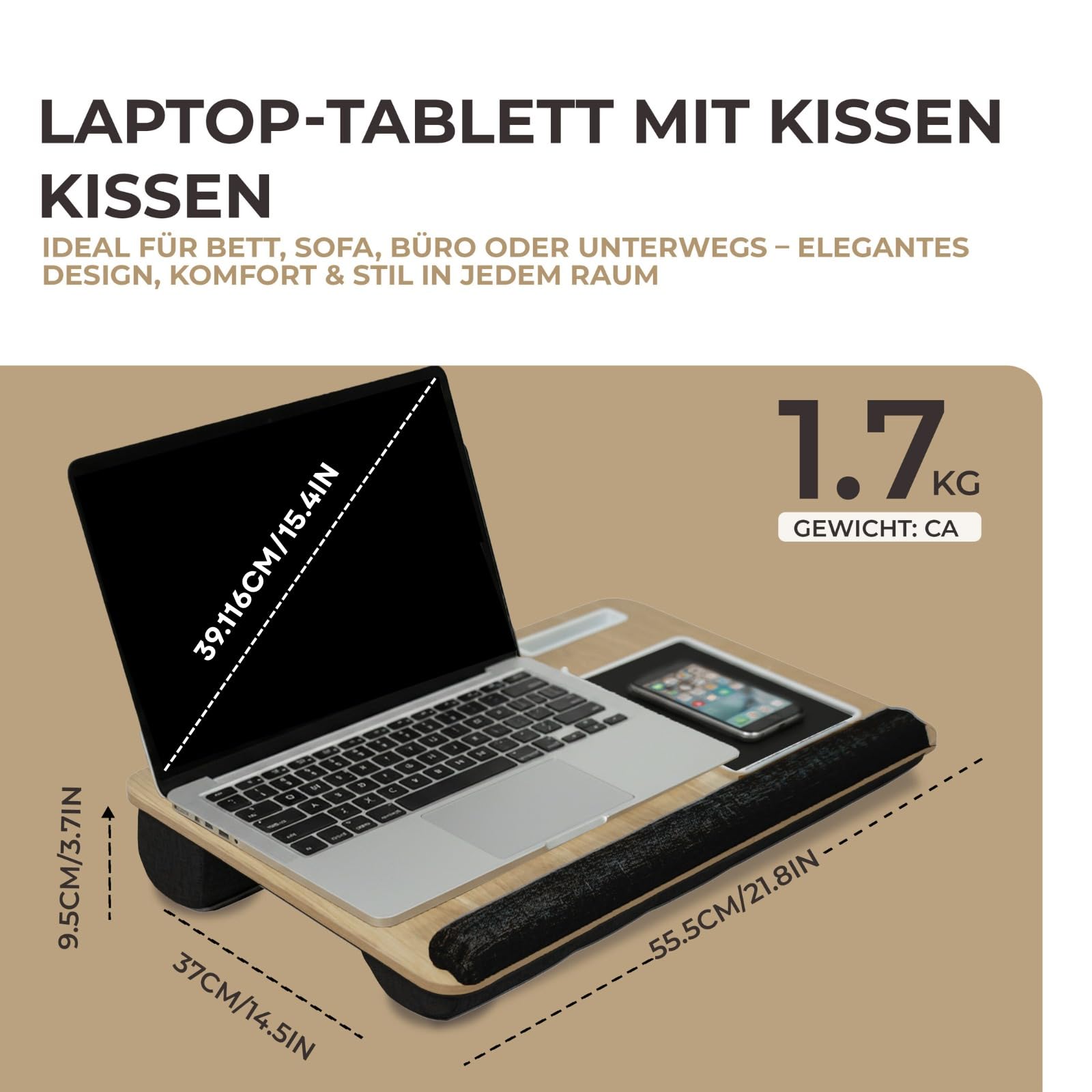 Poduszka na laptopa do łóżka i sofy – taca na kolana z poduszką, uchwytem na telefon komórkowy i podkładka na nadgarstek, pasuje do laptopa o przekątnej ekranu do 17", lekka i wygodna do biura, nauki