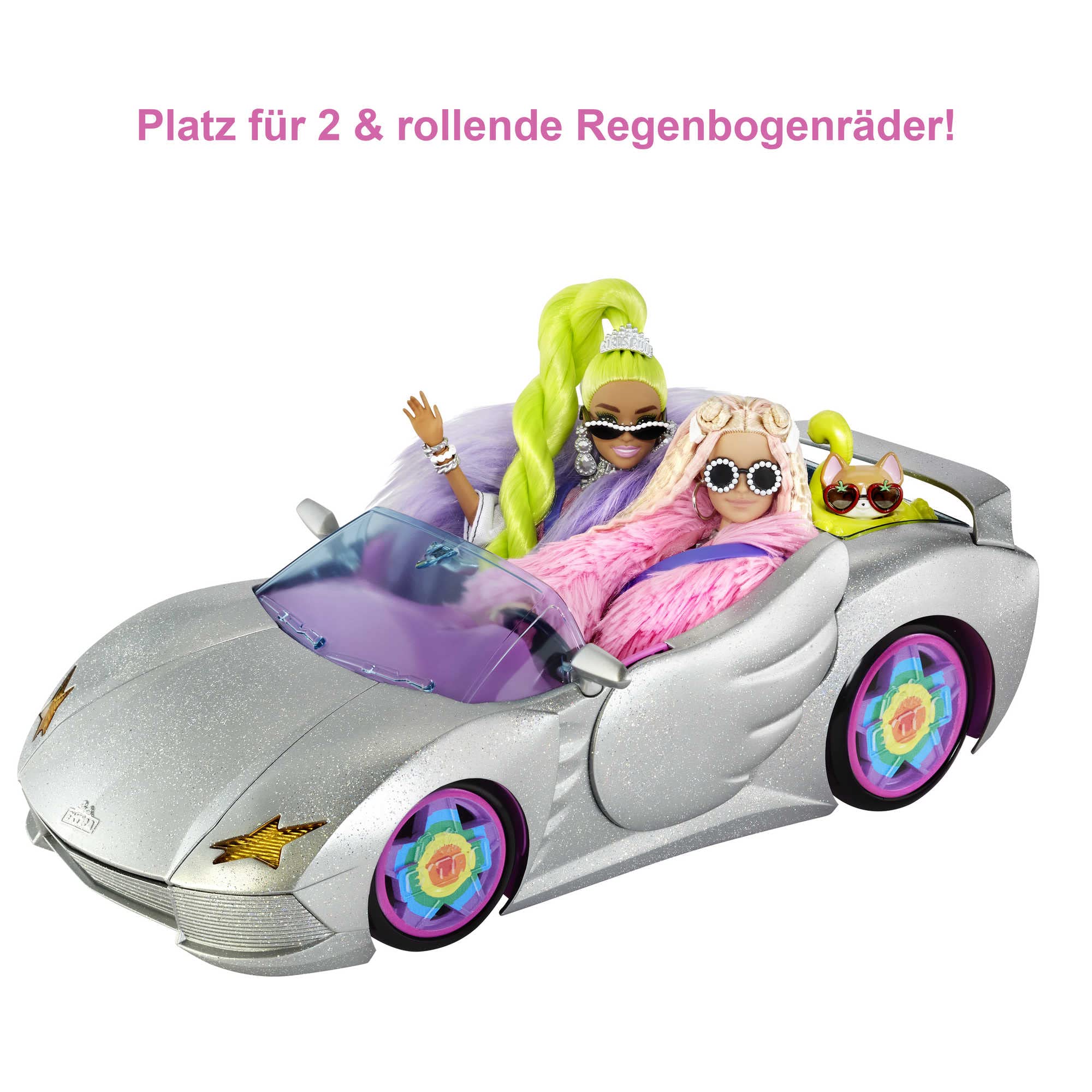 Barbie Extra, Auto Cabrio, in Silber, mit beweglichen Rädern inkl Zubehör Kleidung und Haustier, Spielzeug ab 3 Jahre, HDJ47