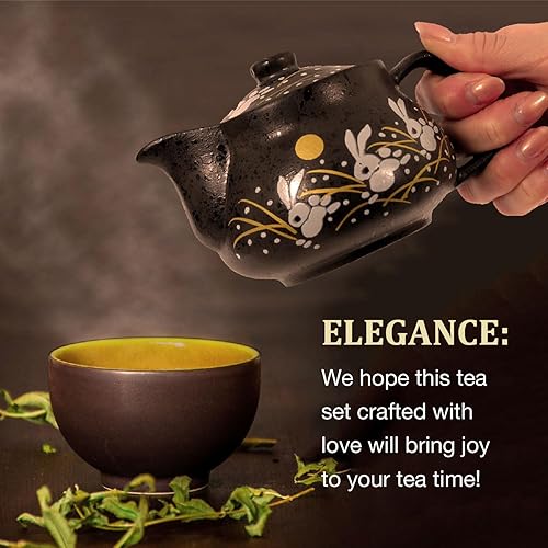 Miniatura 4 de HAKONE YOSEGI Tetera japonesa Kutani Yaki de conejo Kutani Yaki de 10 onzas con infusor extraíble, taza con asa, tetera segura para estufa, set de