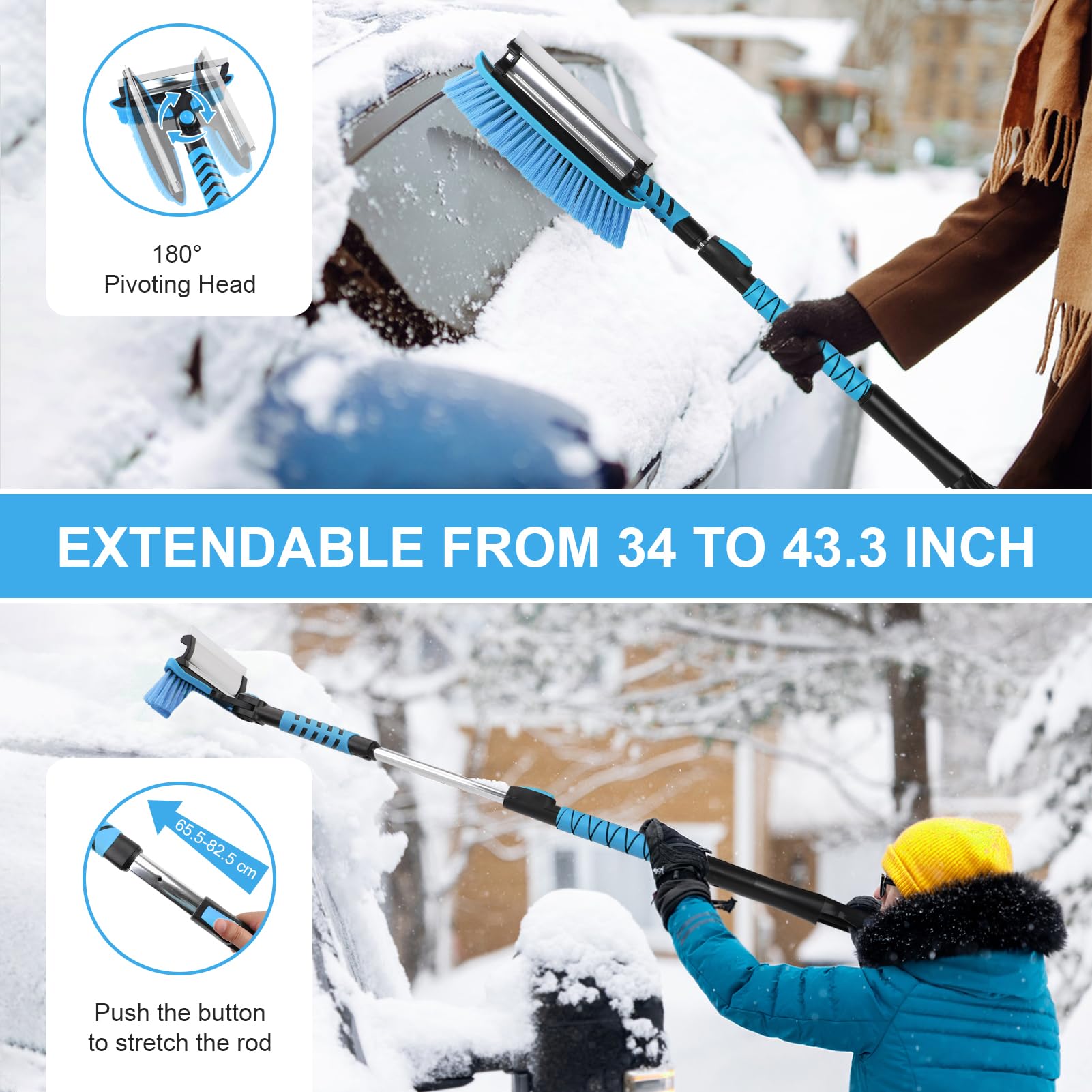 Rascador de hielo para parabrisas de coche, cepillo para nieve de 43 pulgadas, rascador de nieve desmontable 3 en 1 con escobilla de goma, cabezal de cepillo giratorio de 180°, agarre de