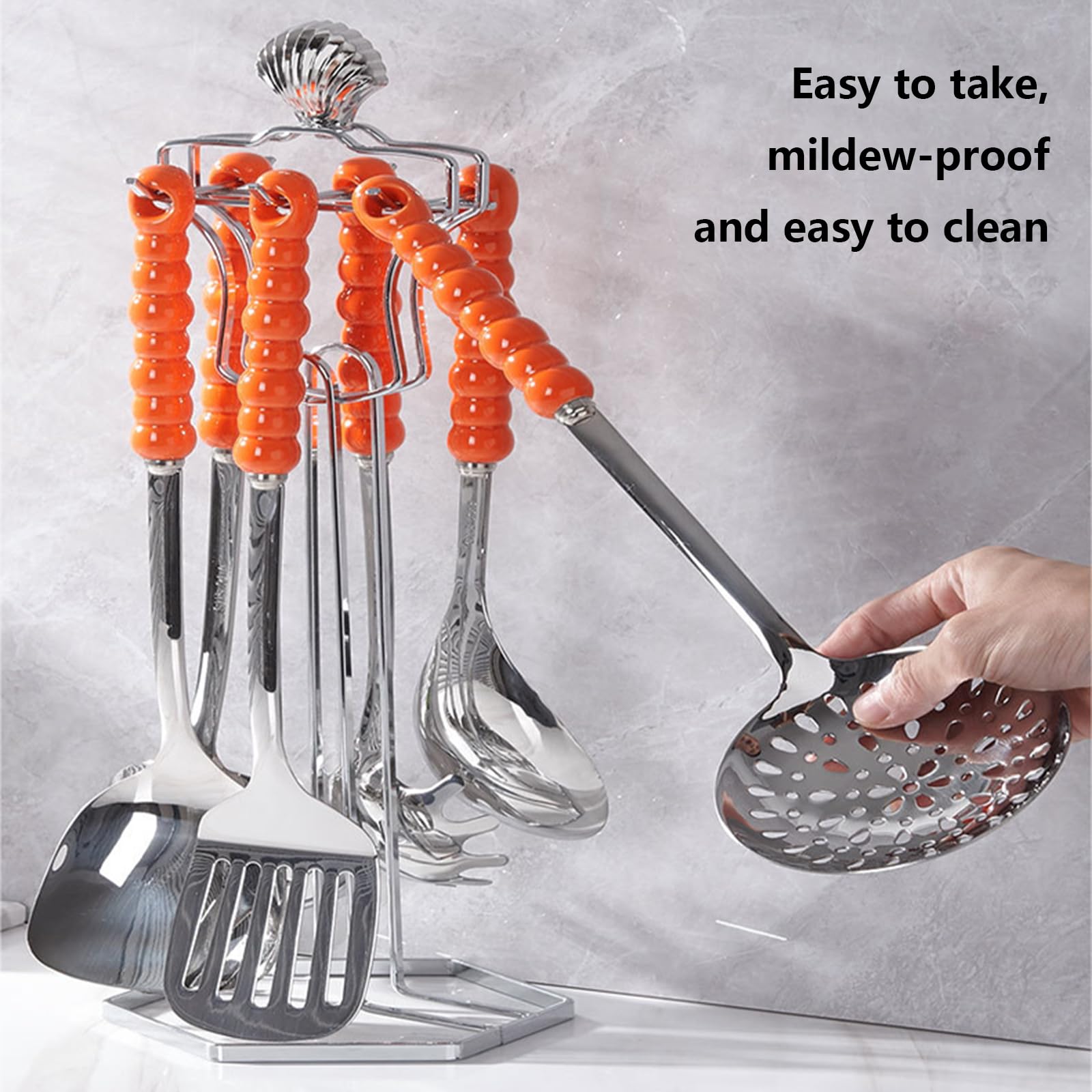 Juego De Utensilios De Cocina De 7 Piezas con Estante Colgante, Juego De Utensilios De Cocina De Acero Inoxidable con Mango De Cerámica, Incluye Cuchara Ranurada, Espátula Ranurada