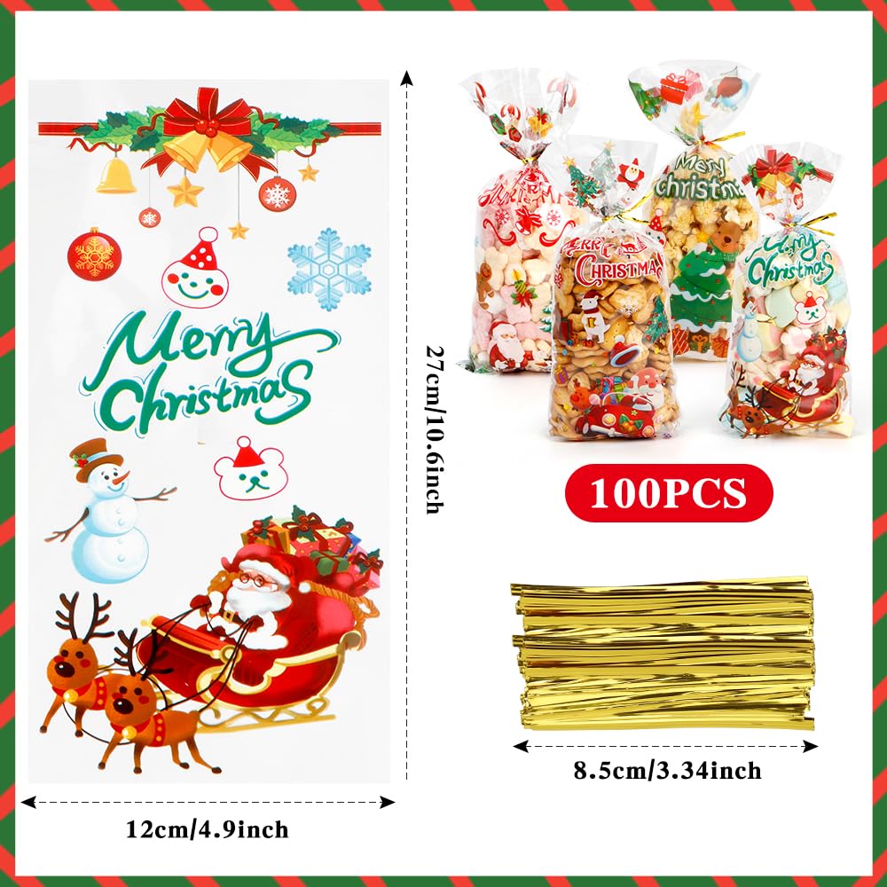 Bolsas de celofán de Navidad, bolsas de dulces de Navidad, paquete de 100 bolsas de plástico transparente con giros para bolsas de regalo de Navidad, suministros de fiesta, regalos de fiesta,