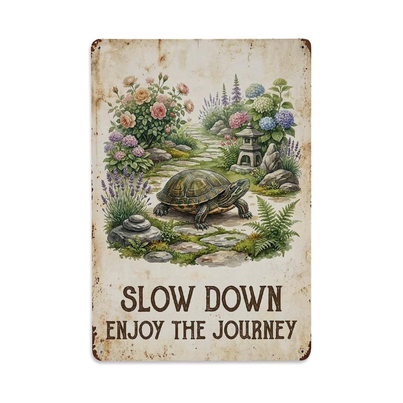 Okngb Style Whimsical Turtle Wildlife Motto Vintage Illustration Metal Tin Sign Plaque Wall Decor For Cafe, Man Cave, Club Bar, Office, Home Garden Round Metal Poster 8X12inch