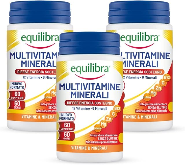 Equilibra Integratori Alimentari, Multivitamine, 12 Vitamine e 6 Minerali con Luteina, Indicato per Diete Povere di Minerali e Vitamine o Aumentato Fabbisogno, 3 Pezzi da 60 Compresse