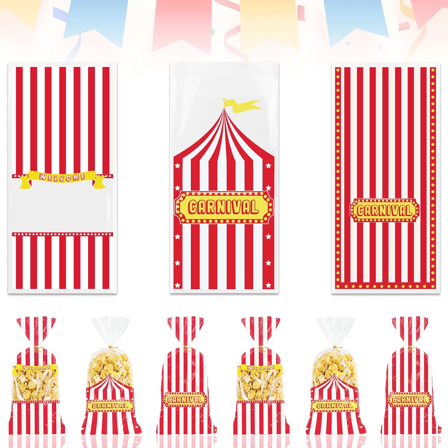 Hying 120 PCS Carnival Circus Cellophane Bags with Twist Ties for Gift, Carnival Cello Bag Birthday Popcorn Candy Bags Festival Popcorn Treat Bags for Cookie Candy Goodies Wrapping Supplies