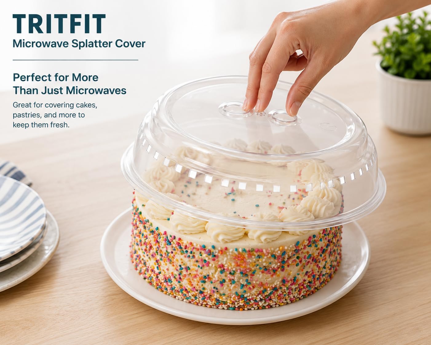TRITFIT 2 pack Microwave splatter cover 10.5 inch, BPA free clear food cover with steam vents, dishwasher safe, easy grip handle, Anti-splatter microwave cover for food heating