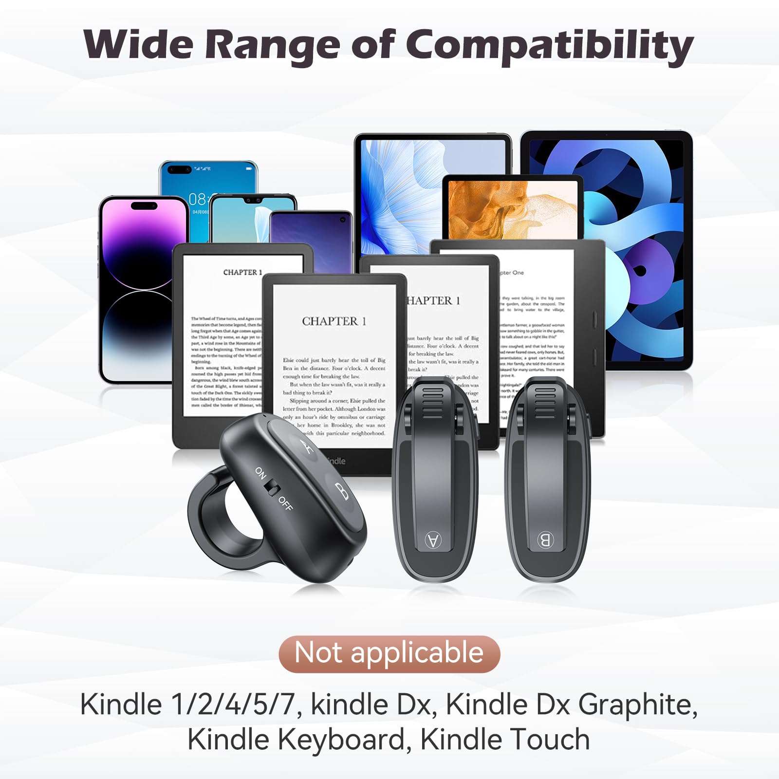 Pilot RF, Kindle Page Turner z ładowaniem USB-C, klips A i B, wskaźnik LED, zabezpieczenie przed odciskami palców, długi czas czuwania dla czytników e-booków — łatwa obsługa jedną ręką
