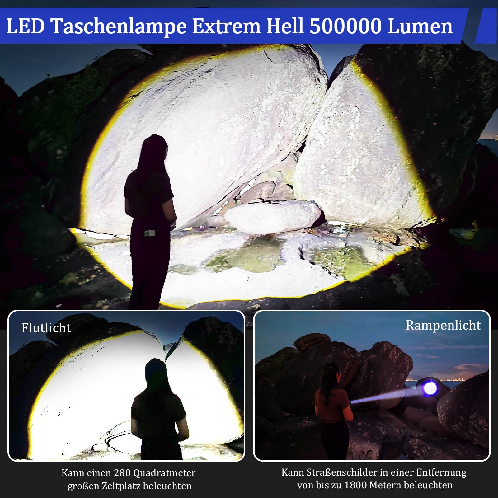 JAY-PARK Torcia LED Potente Professionale 500000 Lumen, Ricaricabile Usb Torce 5 Modalità Di Luce Con, Torcia Tattica Con Fondina, Ip67 Impermeabile Per Campeggio, Essere a Piedi