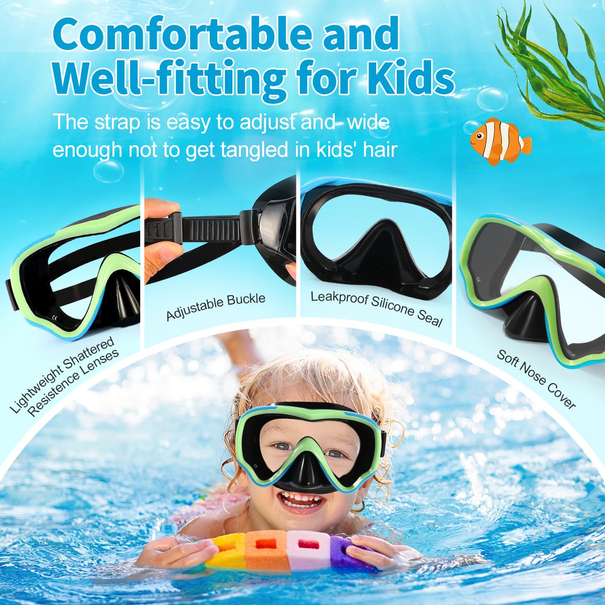 Máscara de buceo para niños, antivaho y antifugas, gafas de esnórquel, impermeables, duraderas, de vidrio templado para niños de 4 a 14 años de edad