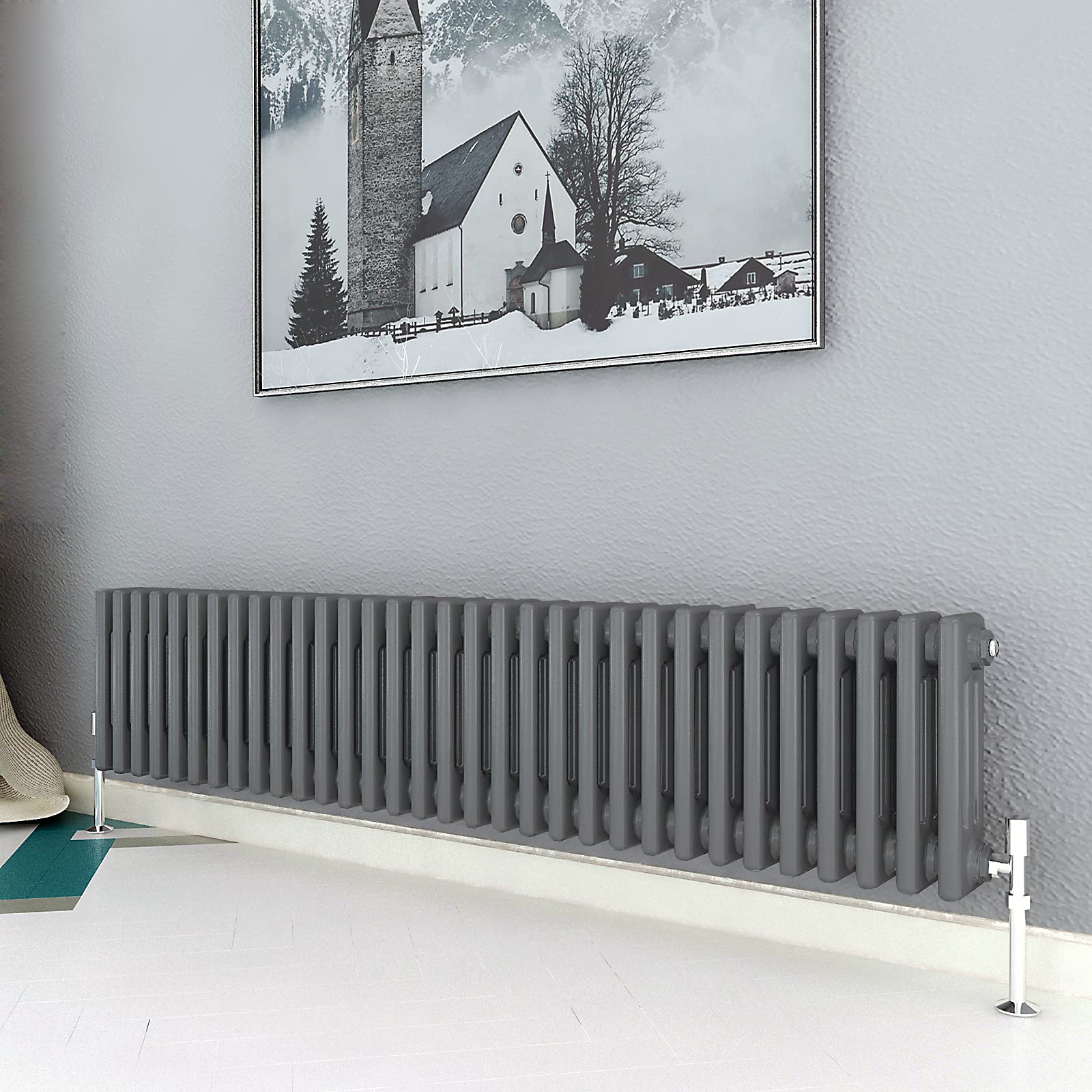 Acezanbleā£3 Column Radiator, Horizontal 300mm Anthracite Wide Low Cast Iron Style Radiator Centre Heating for Window Hallway