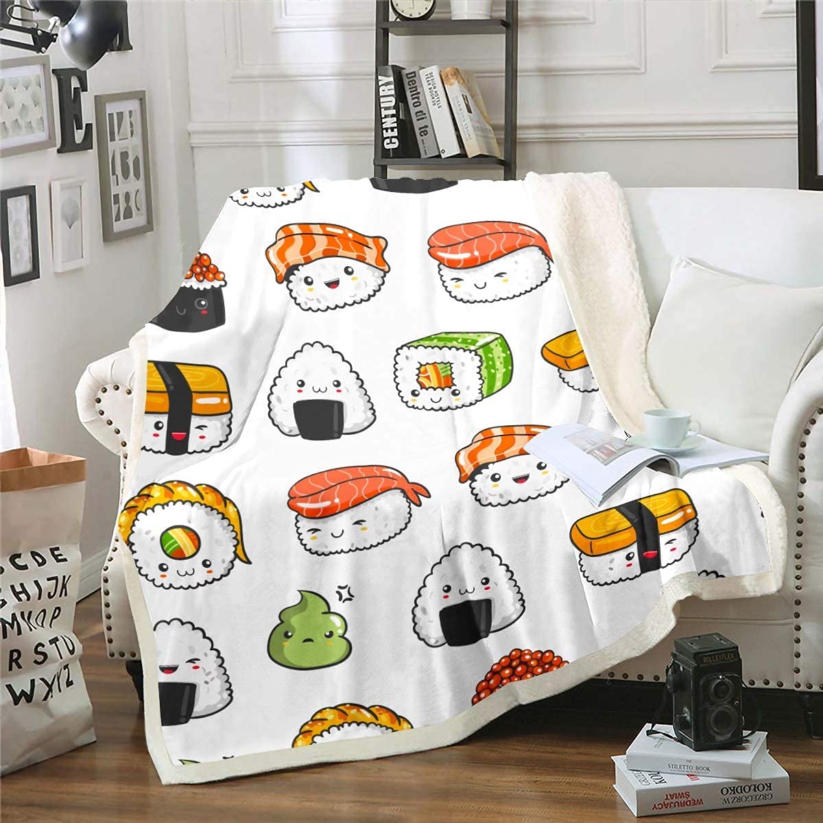 Sushi Muster Wohndecke Flanell Fleecedecke im japanischen Stil für Couch Reise Sofa Jugendliche Essen Thema Kuscheldecke Niedliche Karikatur japanische Sushi Decke 150x200cm Raumdekor Klimaanlage