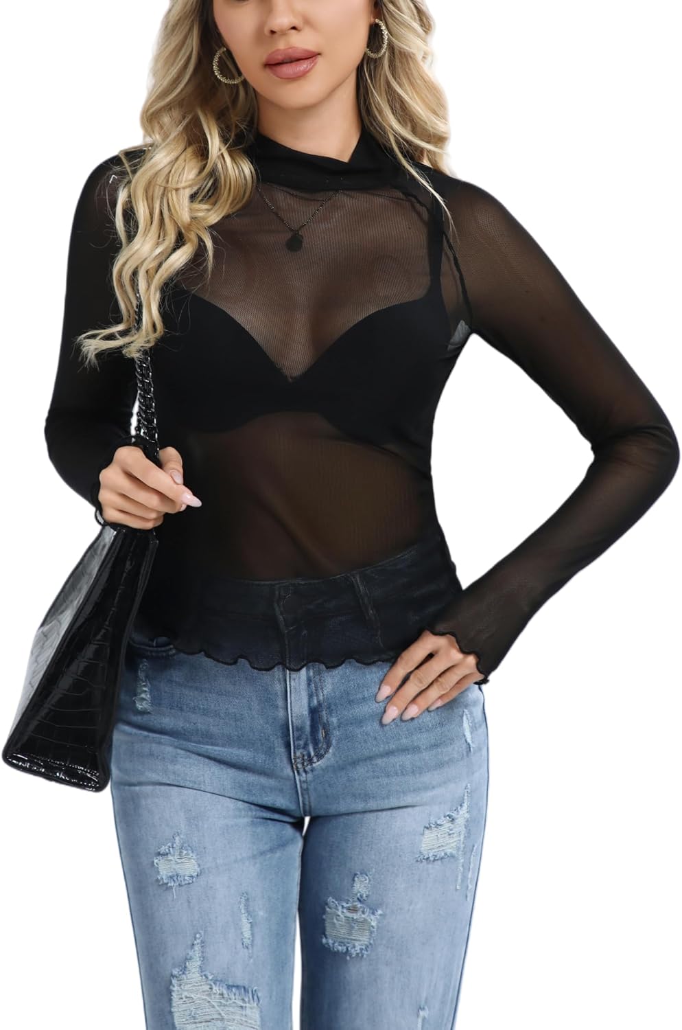 Women Long Sleeve Floral Mesh Tops Mock Neck See Through Fitted Sexy Going Out T Shirt image 4