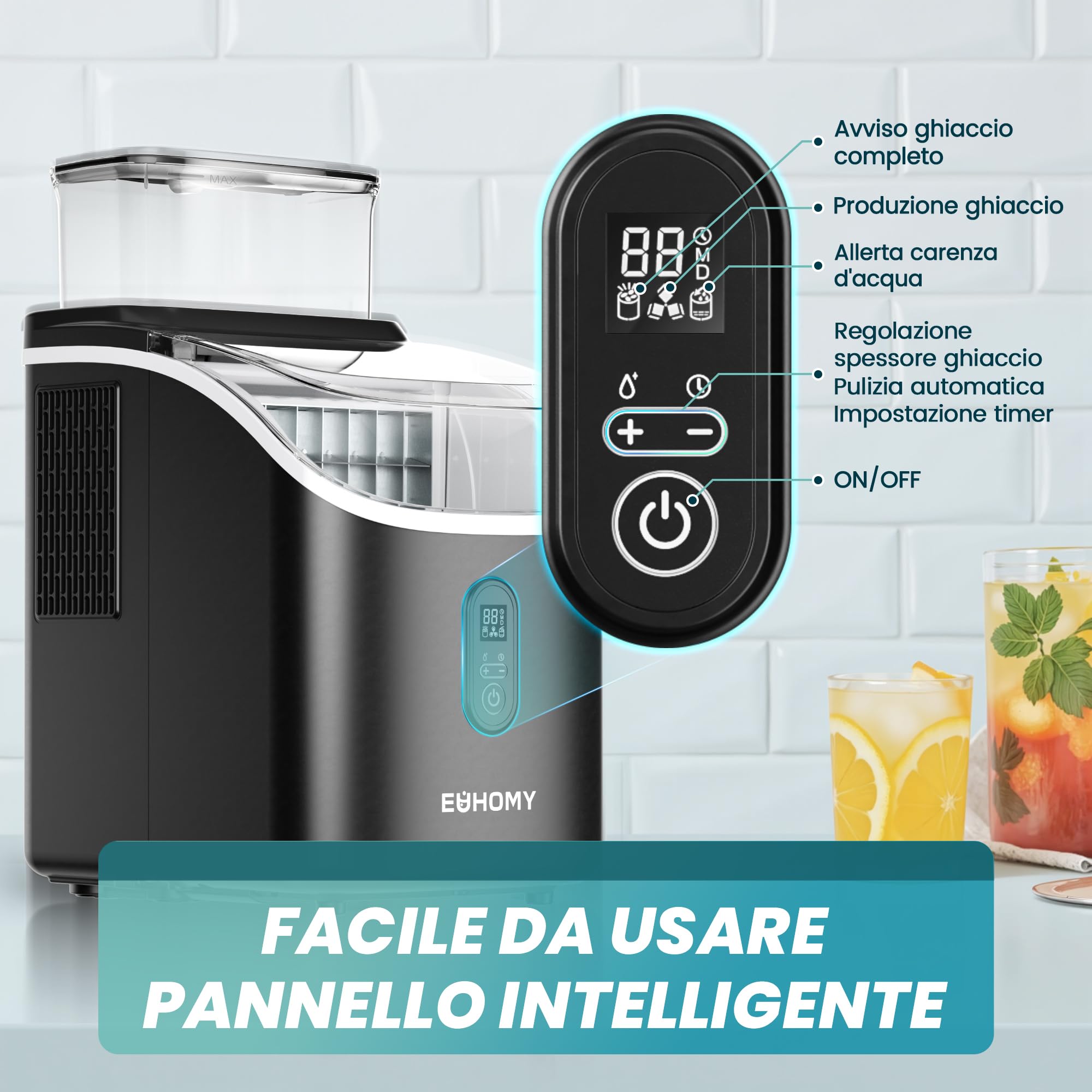 EUHOMY Macchina del Ghiaccio Casa: 15 KG/24H, 16 Cubetti in 13 Minuti Macchina per il Ghiaccio Autopulente, 1,5L con Paletta/Cestello, per Cucina/Ufficio, Nero