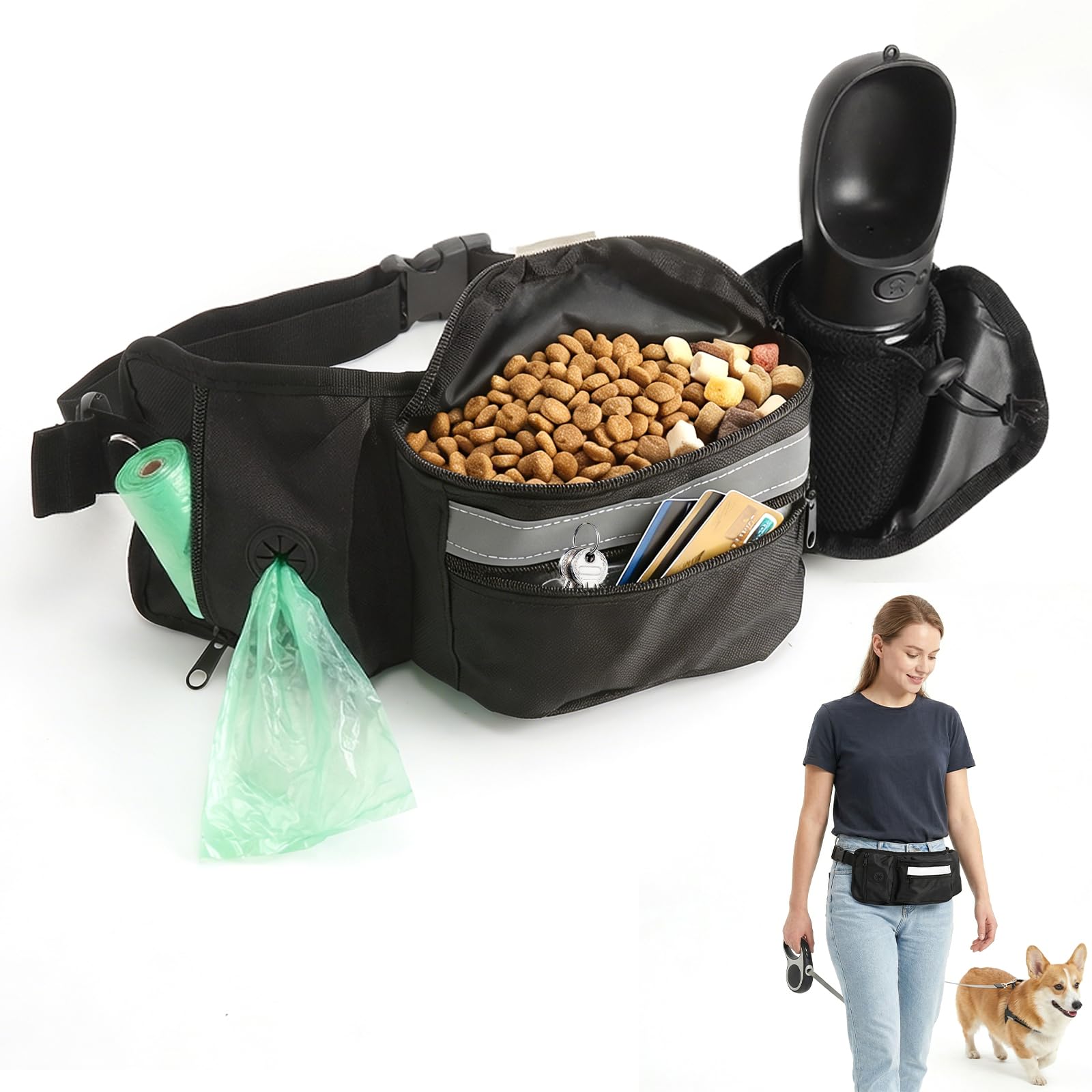Porta premietti per cani, marsupio per addestramento, sacchetto porta-cibo con dispenser per sacchetti per i bisogni e striscia riflettente, marsupio regolabile per passeggiate all'aperto (nero)