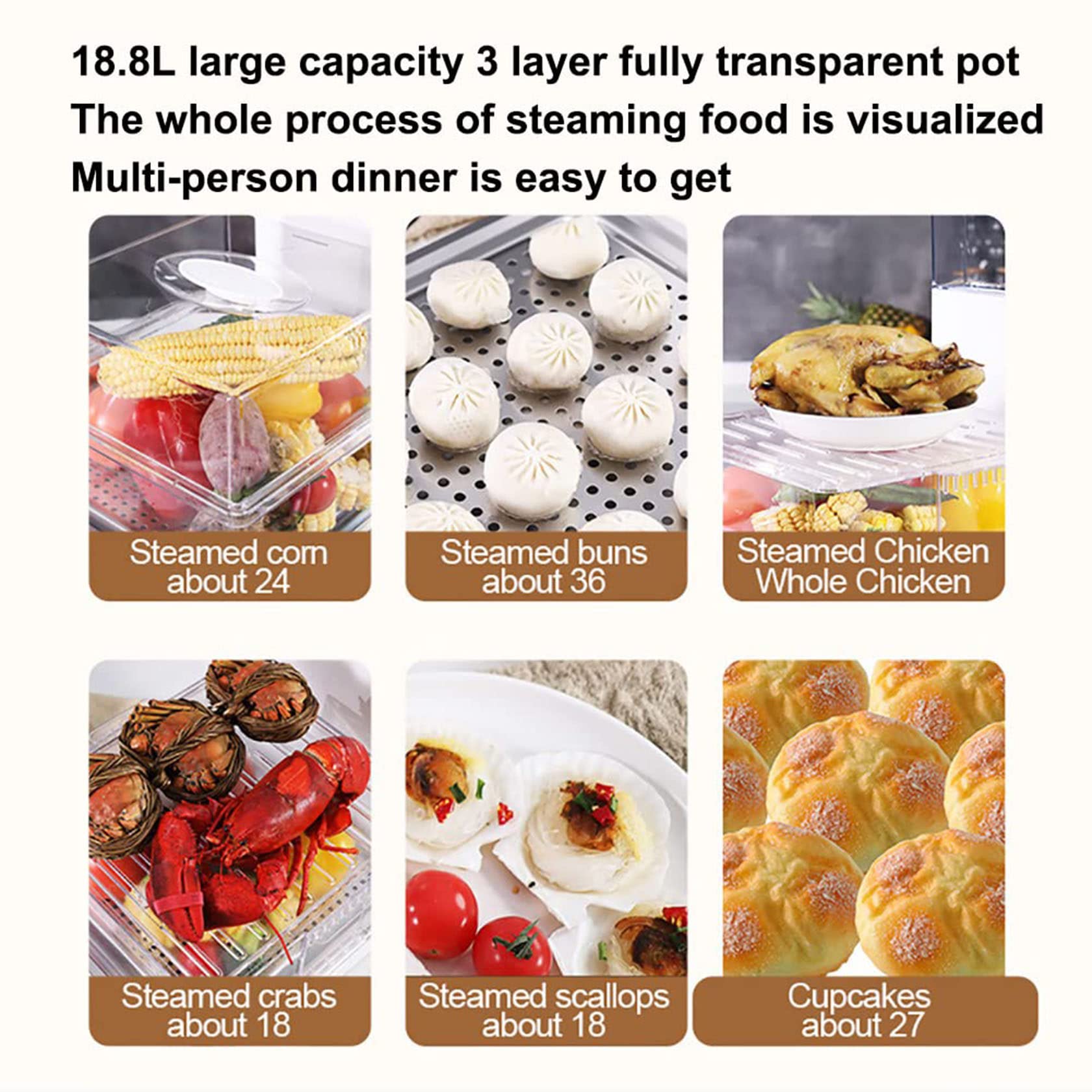 Vaporiera Pieghevole a 3 Livelli, Timer Da 60 Minuti, Vaporiera Elettrica Per Carne Di Verdure Da 1500 W Con Capacità Di 18,8 L, Design Compatto E Facile Da Riporre, Per Verdure, Carne E Pesce