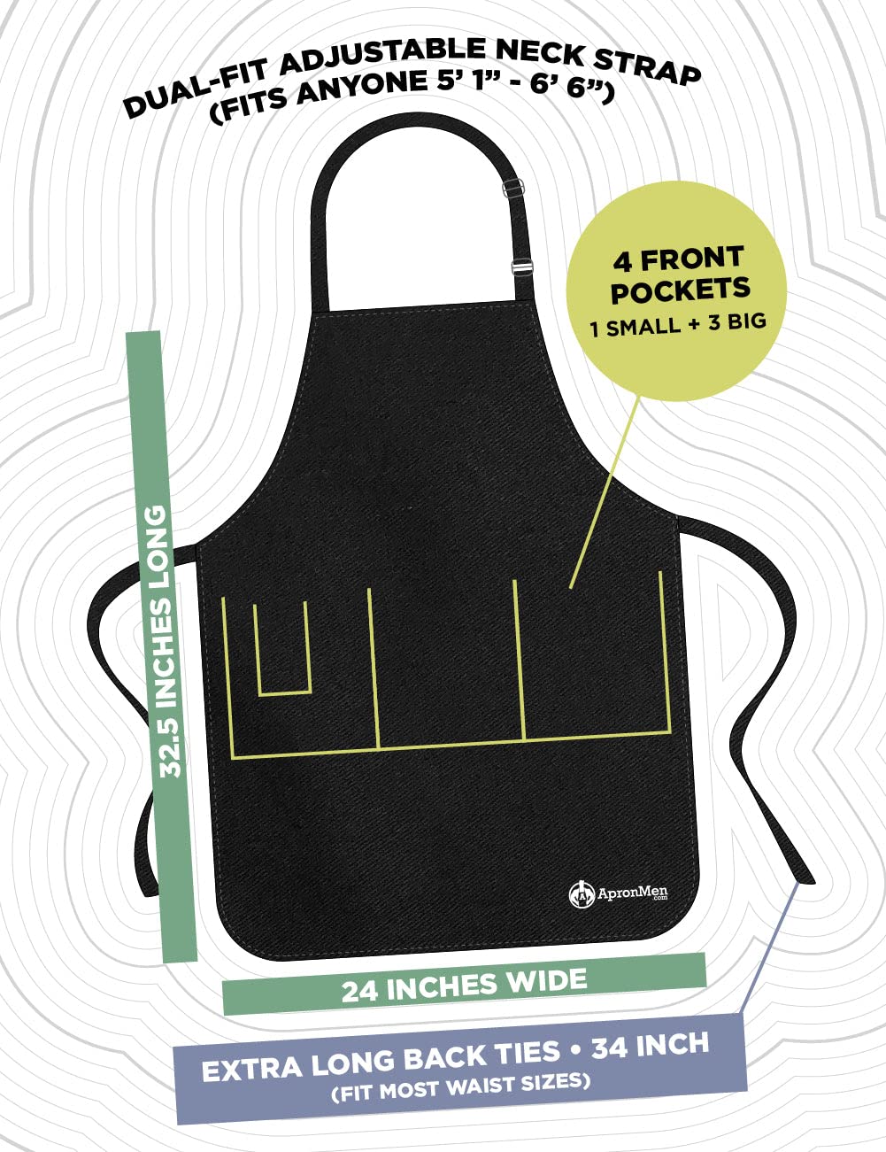 ApronMen Delantal de parrilla de barbacoa (licencia para parrilla) con poliéster, 4 bolsillos utilitarios, cuello ajustable y tiras de cintura extra largas