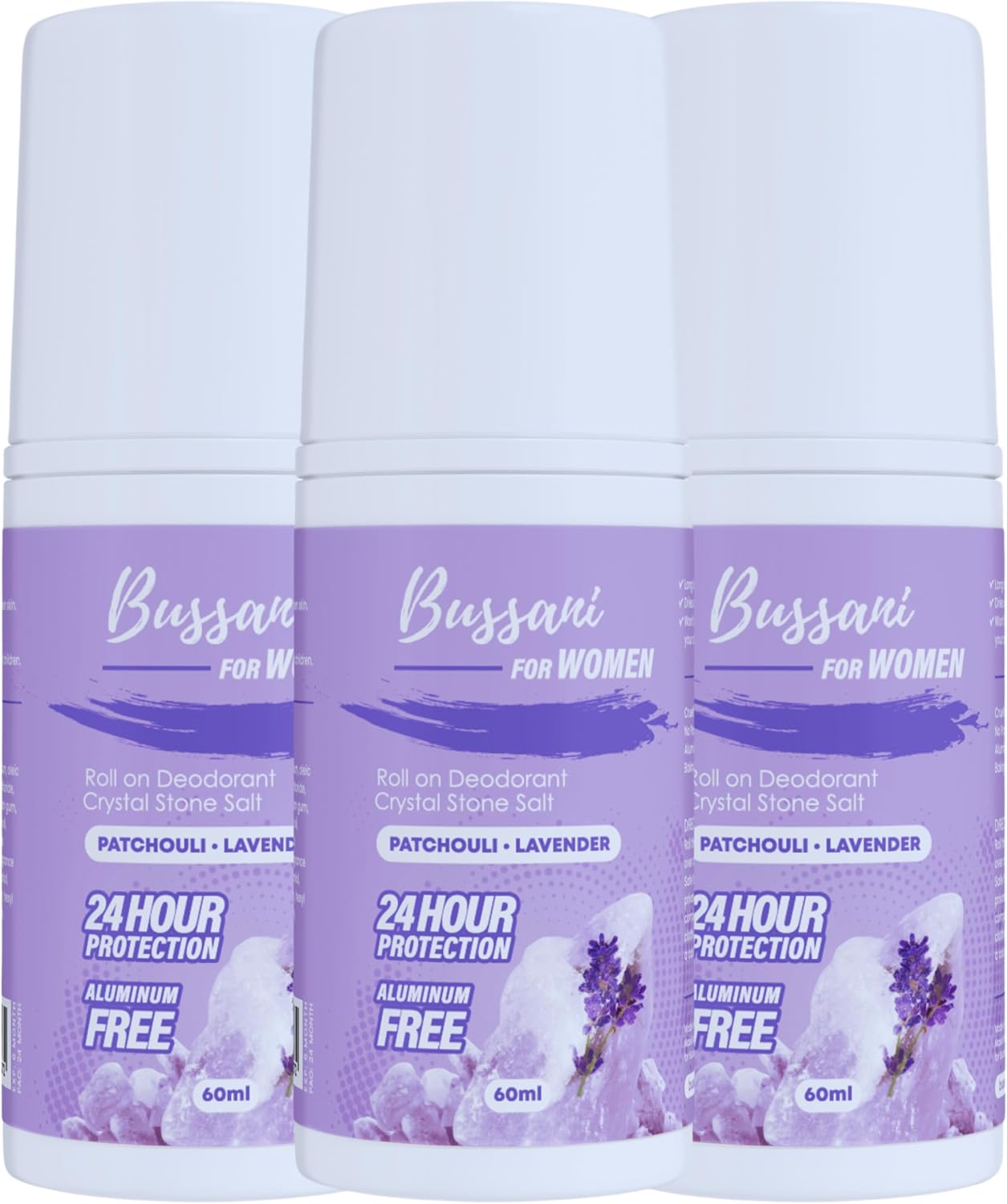 Bussani Deodorant for Women | Roll-on Crystal Salt Stone Deodorant for Girls, Kids, Teenagers | without Alcohol, Parabens, or Aluminum – Stain- & Cruelty-Free, 3 Pc. 60ml, Lavender Patchouli Scent
