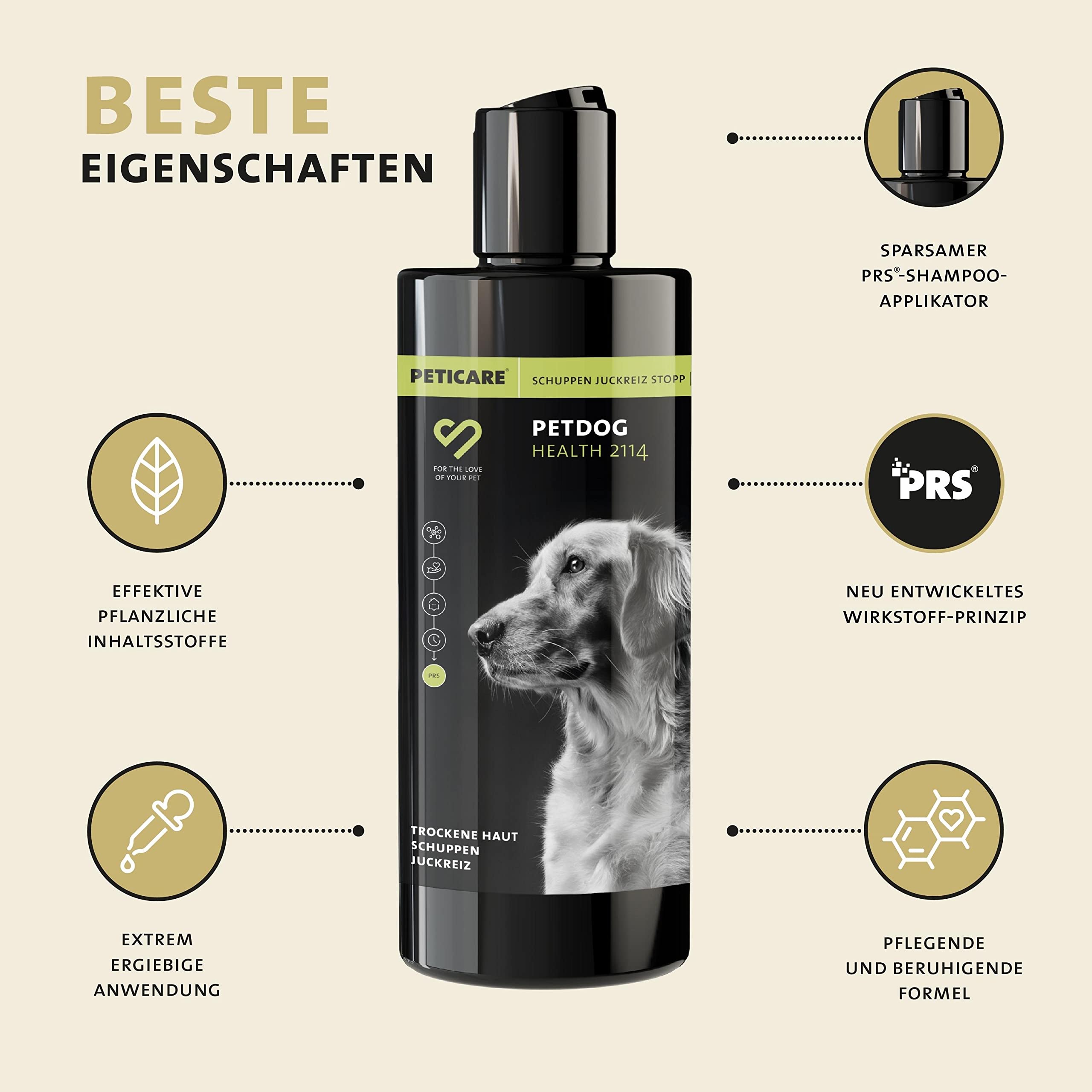 Peticare Anti-Schuppen Shampoo für Hunde | bei Juckreiz & Hautirritationen | für trockene & Sensible Hundehaut | wirkt rückfettend | einzigartiges PRS® System für Lange Wirkung - petDog Health 2114