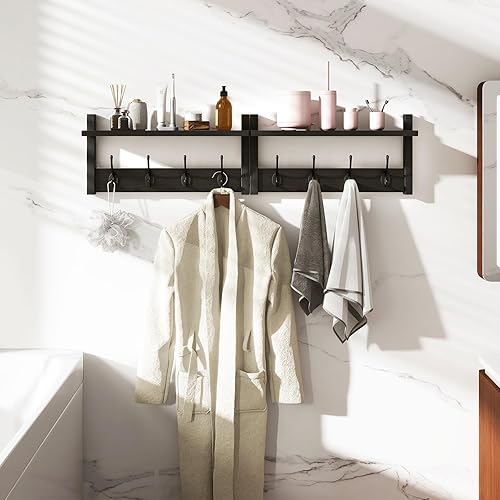 Miniatura 5 de YMYNY Perchero con Estante de Pared, Juego de Ganchos para Abrigos de 2, Perchero de Entrada con 8 Ganchos, Estante Flotante de Pared de 31.5" con