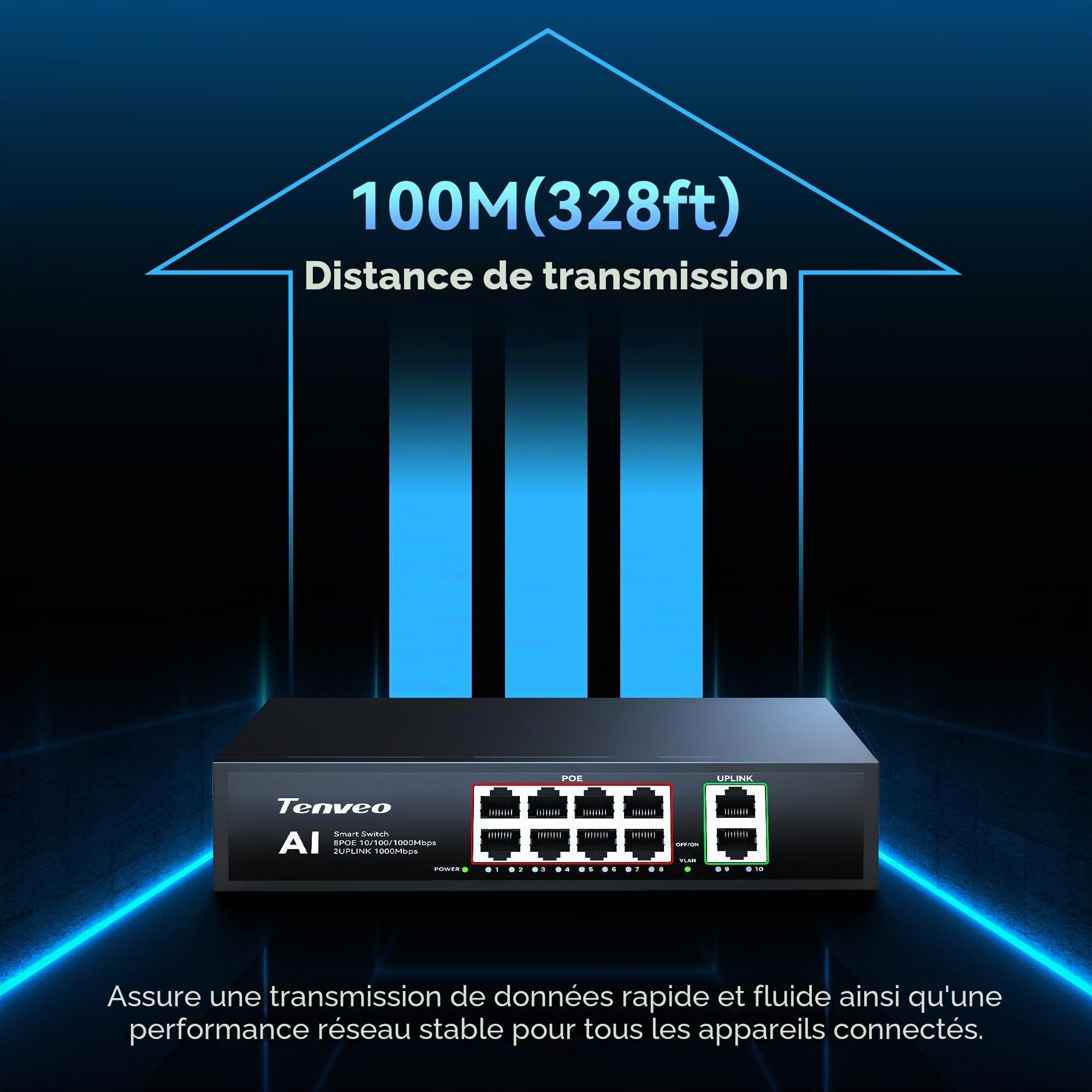 Tenveo Switch PoE 8 Ports Full Gigabit, 8 Ports PoE+ @120W, 2 Ports Uplink, Plug & Play, Support VLAN, Alimentation 802.3af/at 120W, Switch Réseau Intelligent AI pour Streaming en Direct