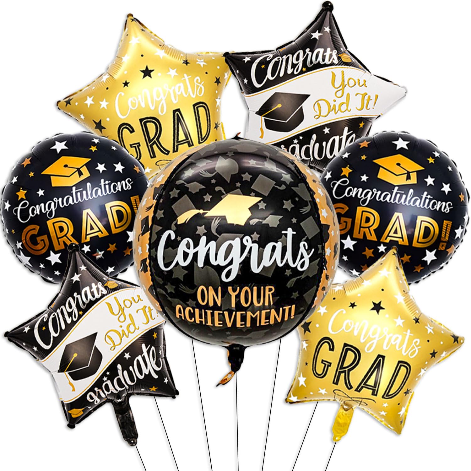 Photo 1 of 7 Pcs Graduation Foil Balloons Set, 22 Inch Black Gold Gongrats Grad Balloons for Black and Gold 2026 Graduation Party Decorations
