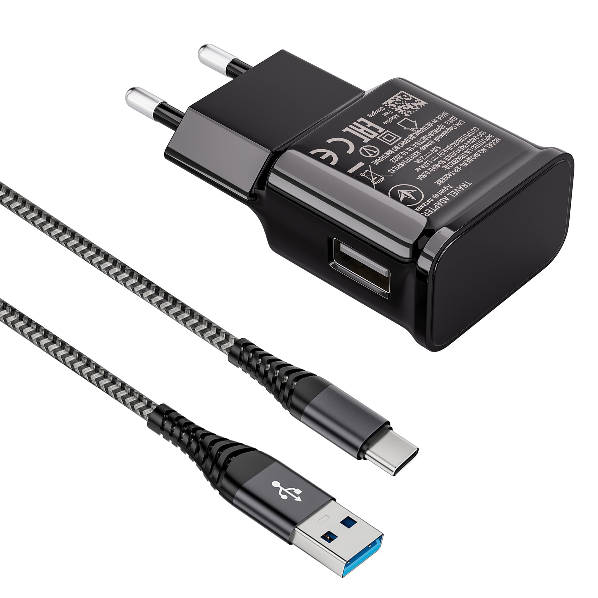 Caricabatterie per Samsung, Caricatore USB Ricarica Rapida e 2M Cavo Tipo C Nylon per Samsung Galaxy A15 A14 A13 A12 A05s A55 A54 A35 A34 A33 A25 A23 S10 S9 S8 S20 M53 M34, Caricabatterie Veloce