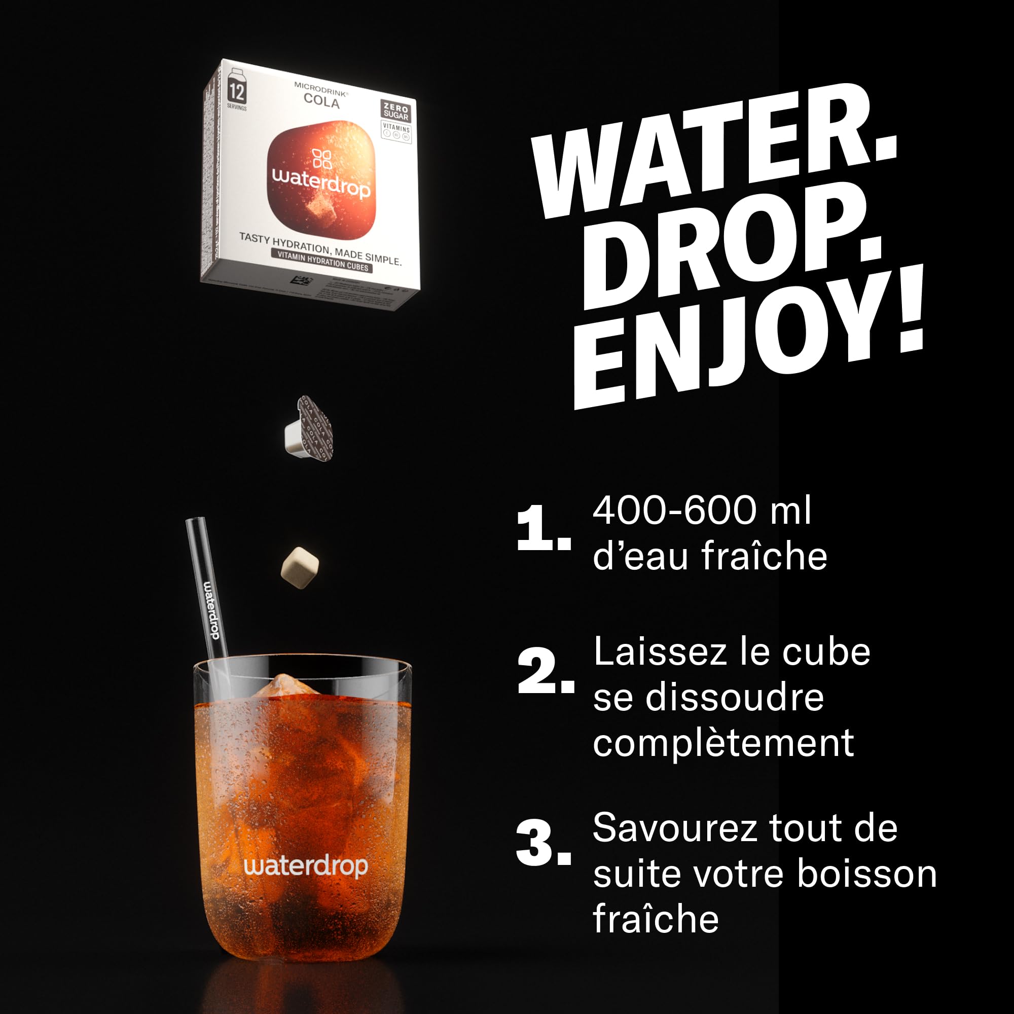 waterdrop® Microdrink Coffret Boissons Gazeuses - Cola, Cerise & Citron, 36 Boissons en Cubes Effervescentes en 3 Saveurs, Enrichi en Vitamines, Boisson Sans Sucre, Eau Aromatisée en Pastille