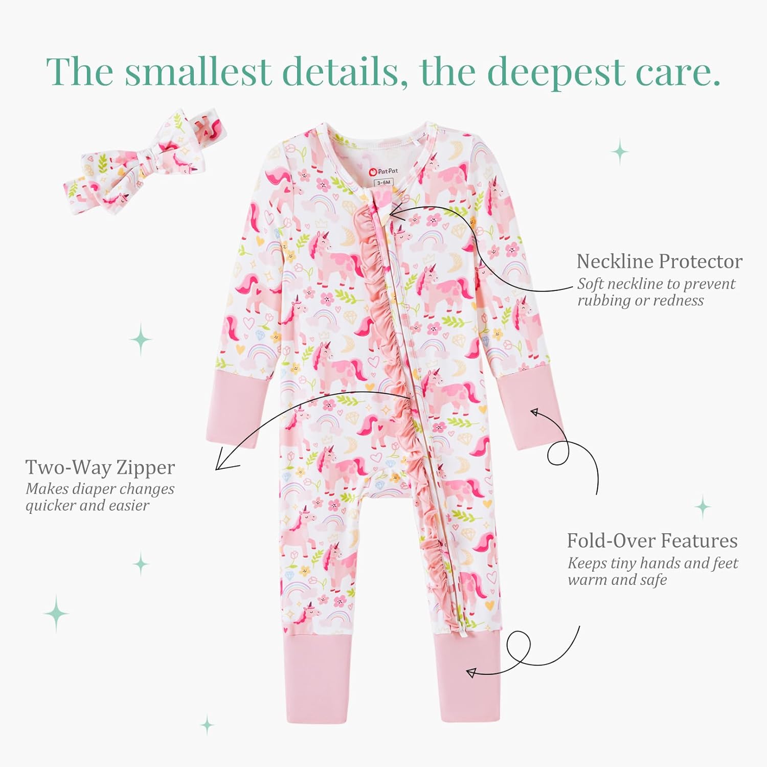 PATPAT Baby Girl Boy Footie Clothes, Bamboo Viscose, 2-Way Ruffled Zipper, Fold-Over Mittens & Cuffs with Headband - Image 5