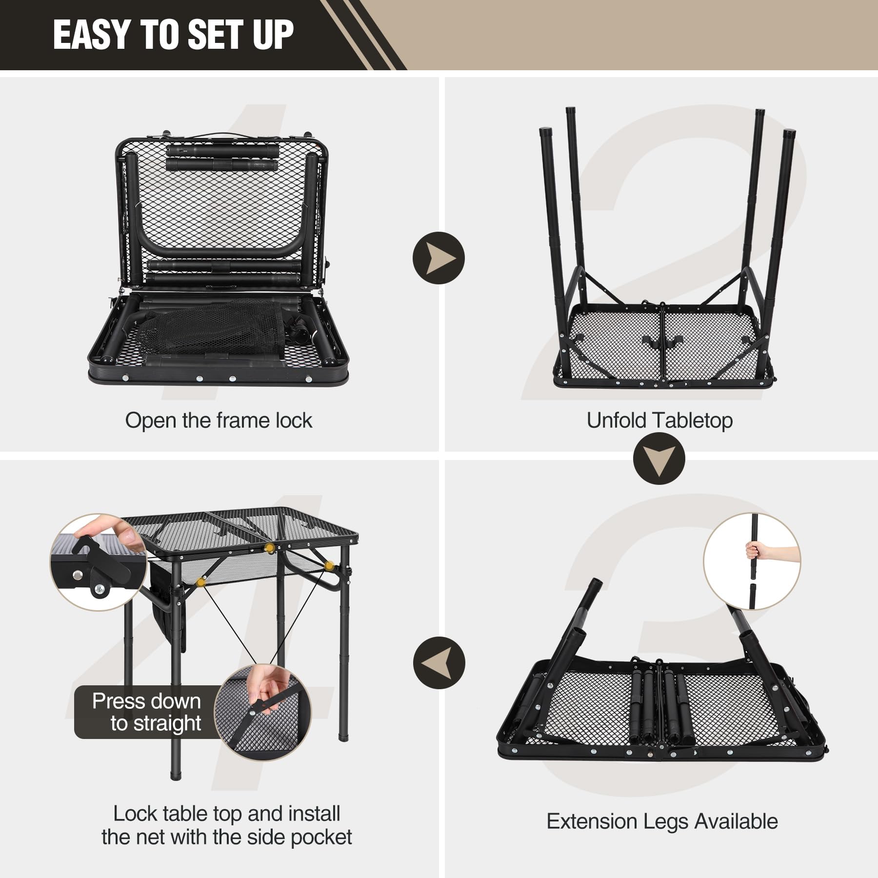 REDCAMP 60 x 40 cm Table de Camping Pliable,Table de Barbecue Pliable Portable avec Bureau, pour Camping, Cuisine, Barbecue, Pique-Nique, Facile à Monter avec Pieds réglables en Hauteur, Noir