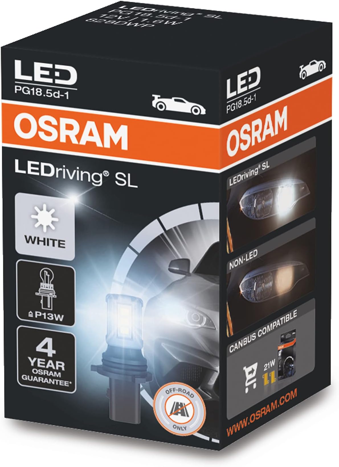 OSRAM LEDriving® SL, ≜ P13W, White 6000K, LED signal lamp, Off-road only, non ECE, Folding box (1 lamp)