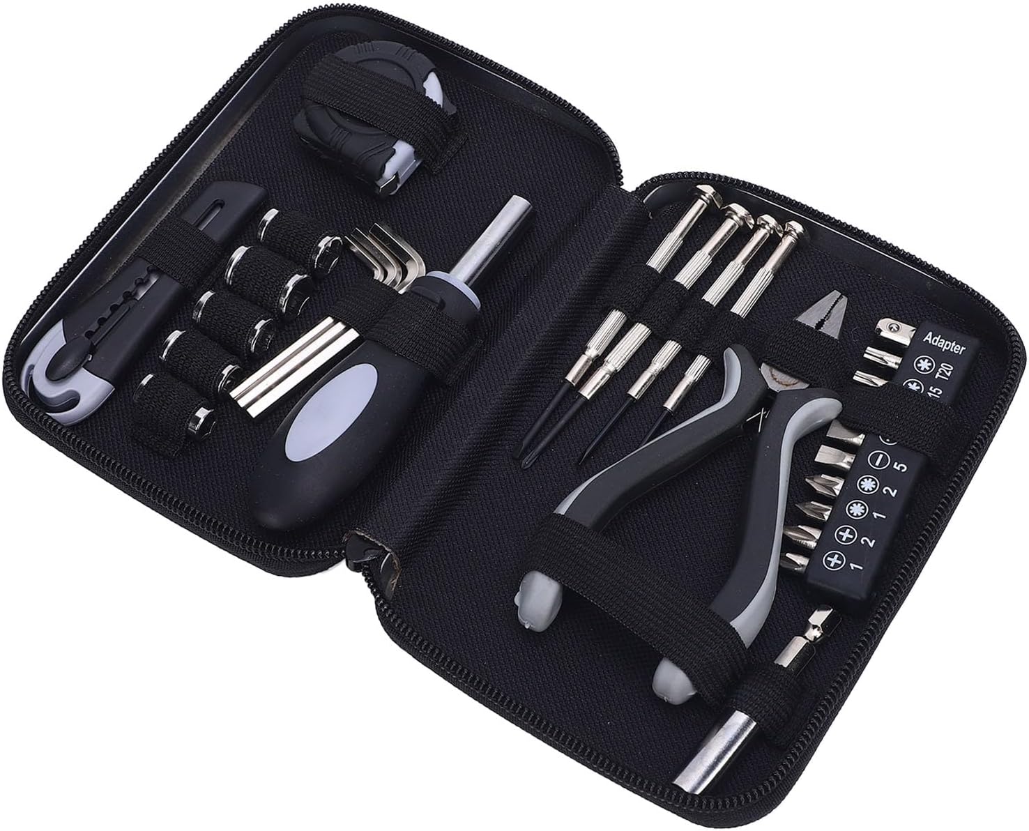 Zunate Mini Tool Set for Household Repairs, Includes Needle Nose Pliers, Tape Measure, Hex Wrenches, Screwdrivers, Bits, Handle, and Storage Case